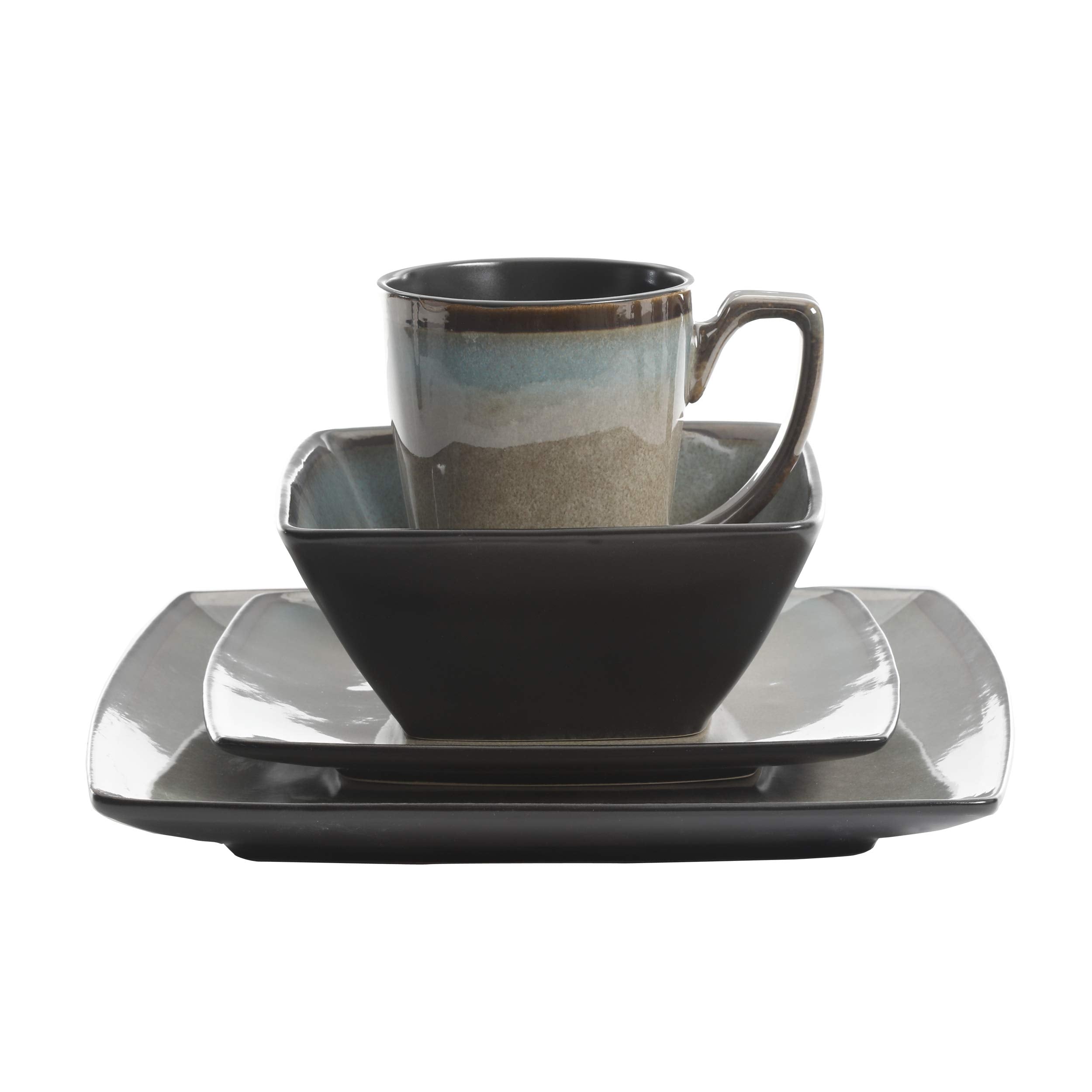 Gibson Elite Tequesta Square Reactive Glaze Stoneware Plates and Bowls Dishes Dinnerware Set, Service for 4 (16pcs), Taupe