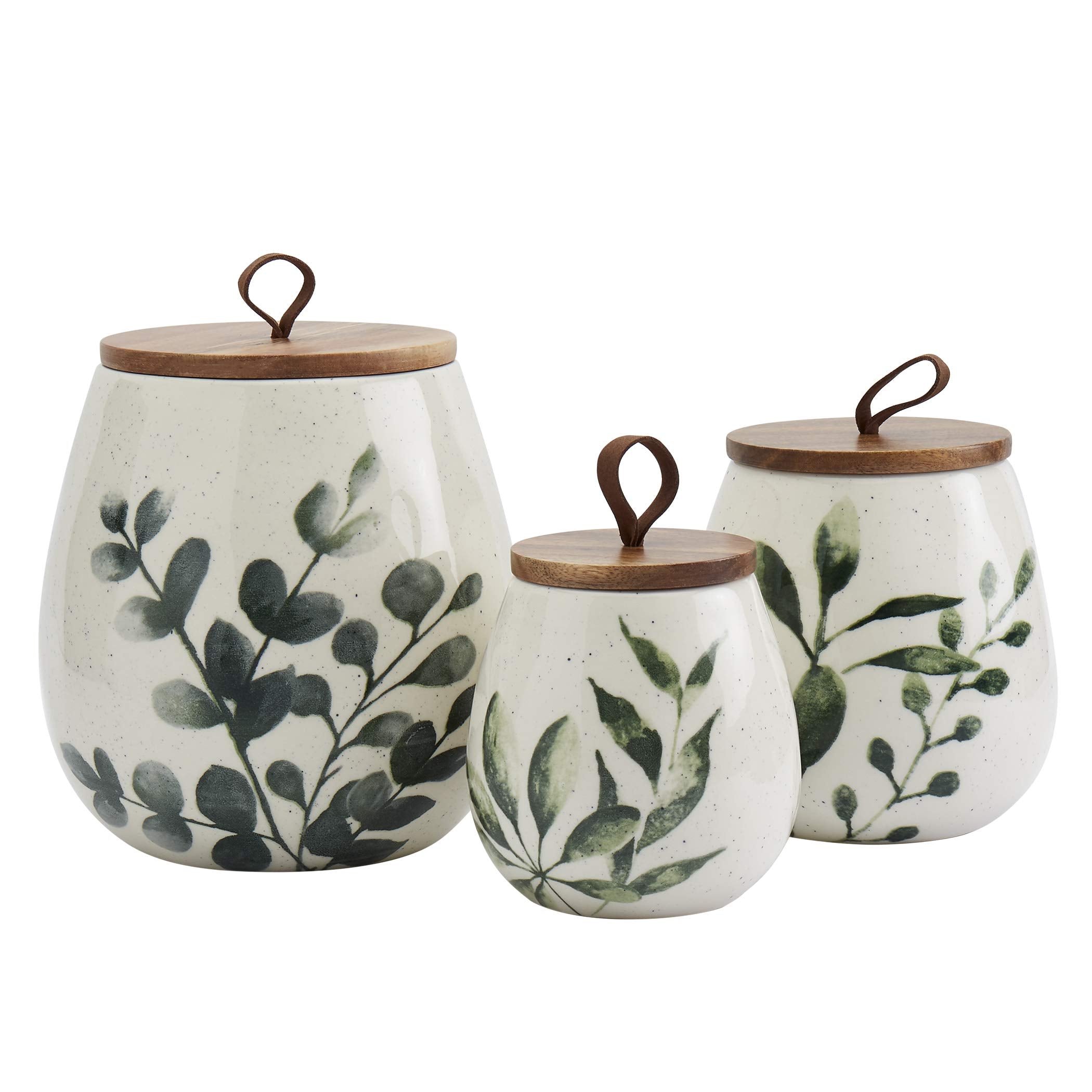 Ttu Tabletops Gallery Ceramic Canister Collection- Stoneware Designed Kitchen Storage Embossed Acacia Wood White Set, 3 Piece Em