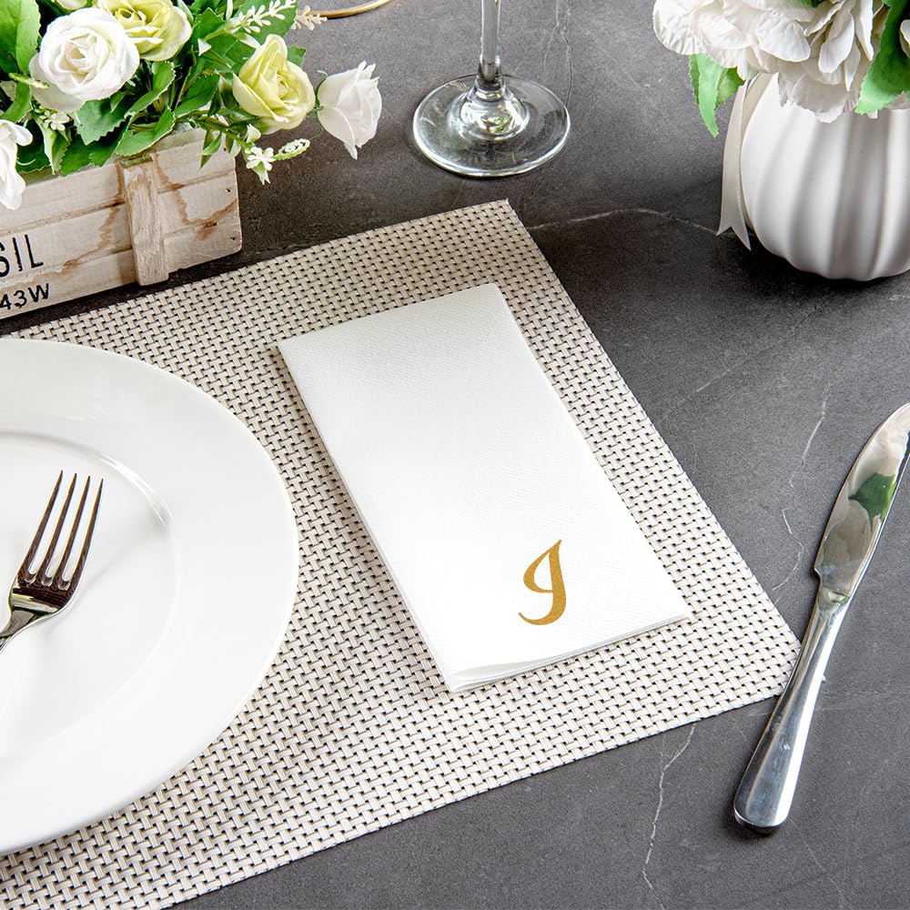 Luxenap 15.8 X 7.9 Inch Linen-Feel Guest Towels, 50 Lettered Hand Towels - Gold Letter 'I', Cursive Font, White Paper Dinner Nap