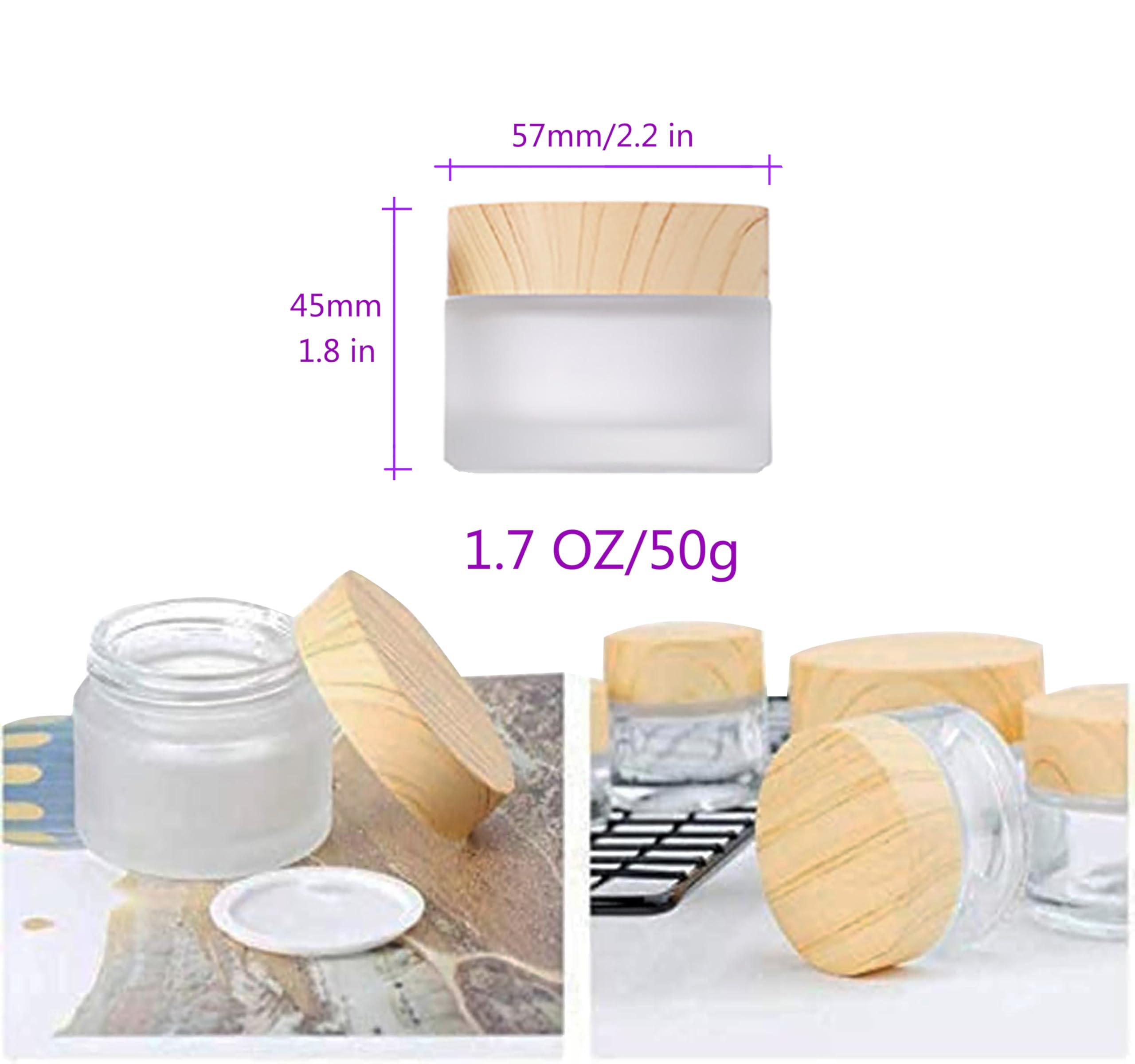 Healthcom 50 Gram/50 Ml Empty Sample Jars Round Frosted Glass Bottle Cosmetic Cream Jar Wood Grain Lid Cosmetic Container Glass
