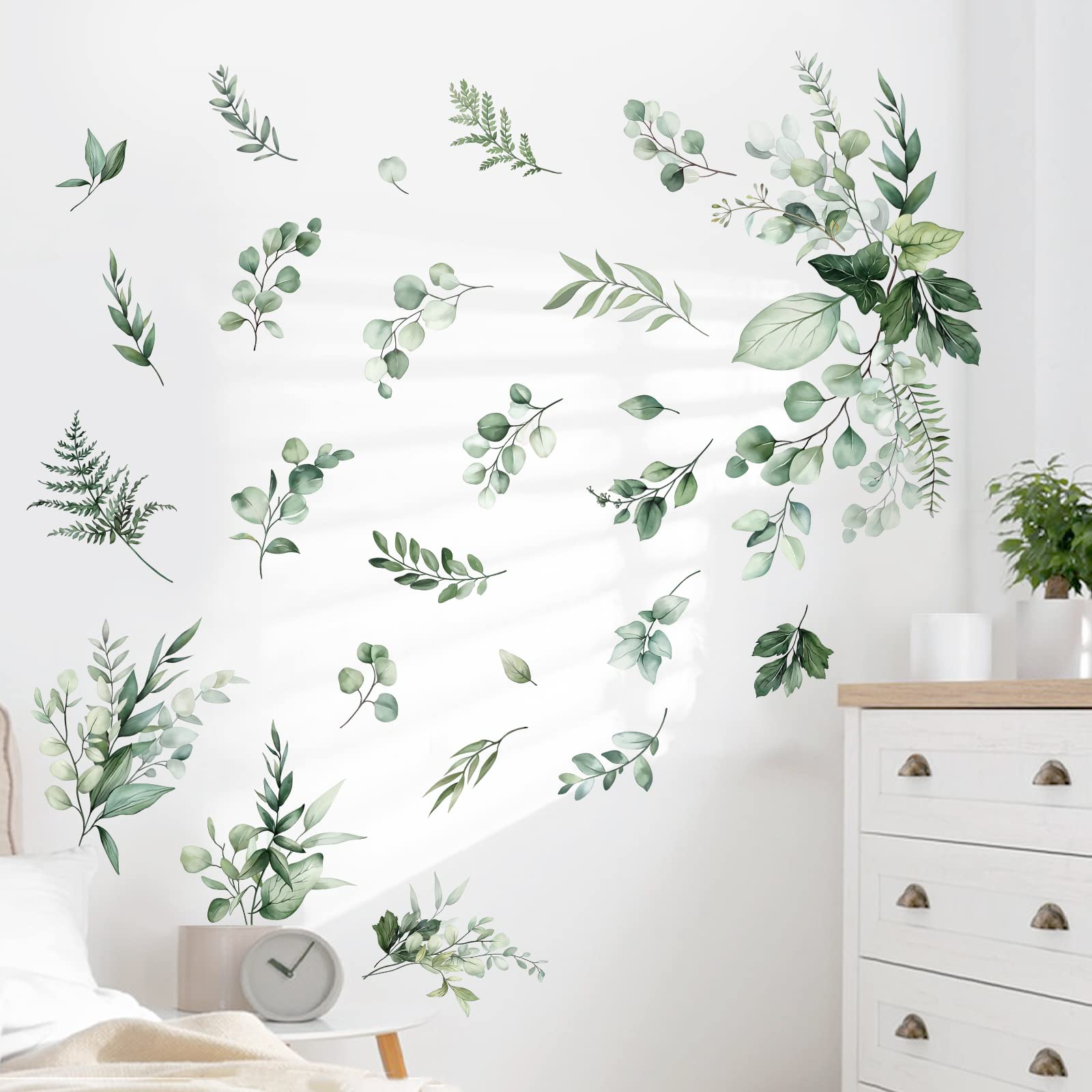 Decalmile Botanical Green Leaves Wall Stickers Eucalyptus Leaf Plants Wall Art Decals Bedroom Living Room Tv Background Wall Dec