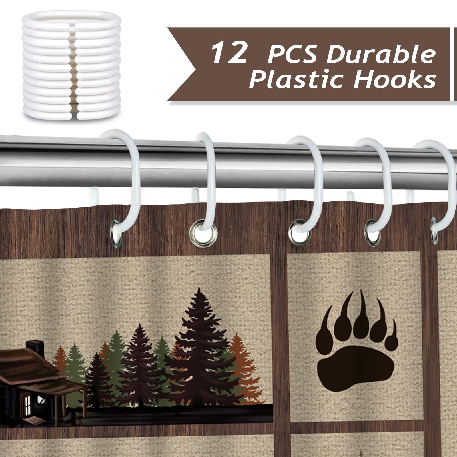 Bonhause Rustic Cabin Shower Curtain, Vintage Country Bear Deer Moose Forest Woodland Farmhouse Bathroom Curtain 72X72 Inch Poly