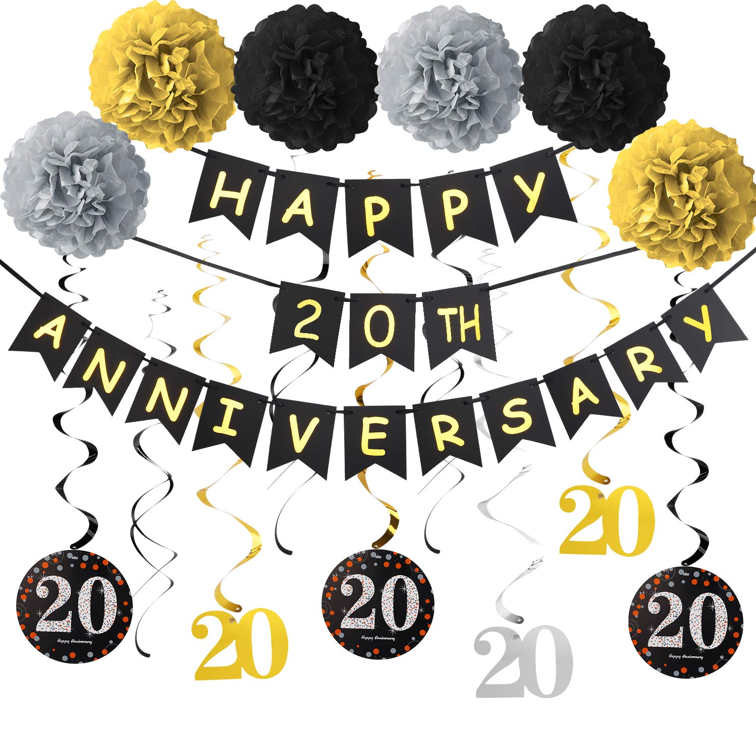 Yoaokiy 20Th Anniversary Decorations Supplies Kit - Including Glitter Happy 20Th Anniversary Banner, 9Pcs Hanging Swirl, 6Pcs Po