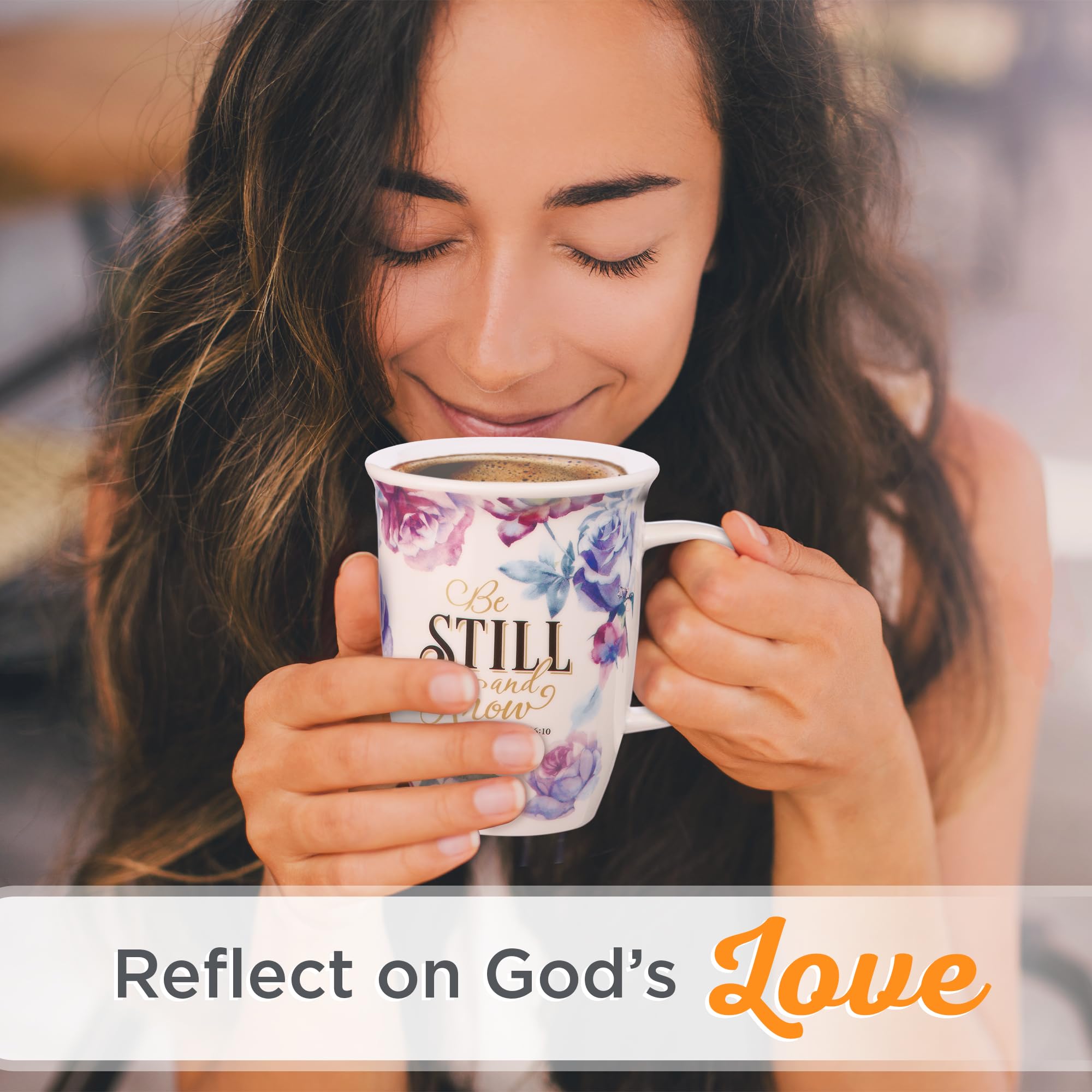Christian Art Gifts Coffee/Tea Mug with Lid/Coaster Be Still and Know - Psalm 46:10 Bible Verse Encouraging Gift for Women 13 Ounce Ceramic Purple Roses Large Teacup with Lid
