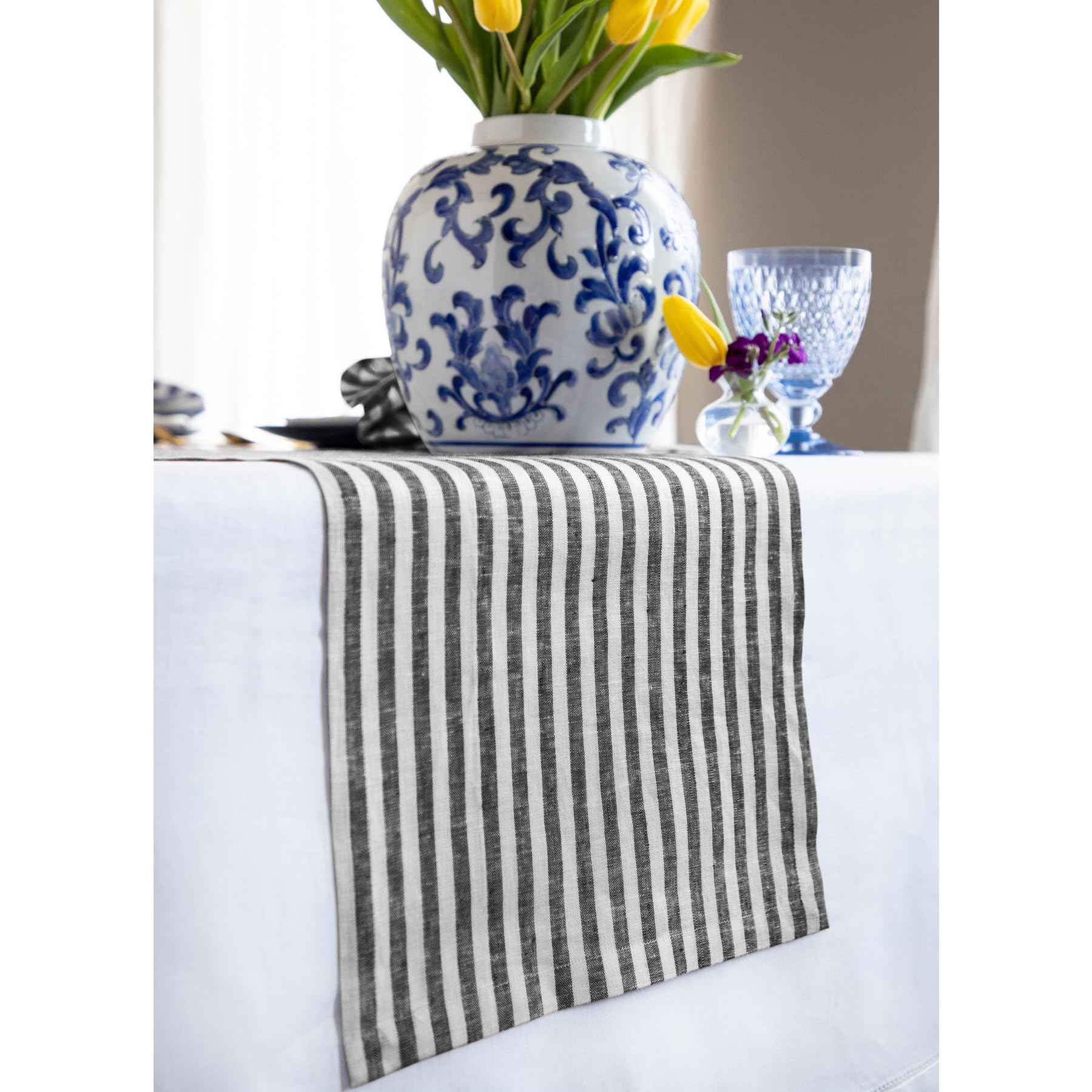 Solino Home Stripe Linen Table Runner 36 Inch - 100% Pure Linen Black And White Table Runner 14 X 36 Inch - Farmhouse Table Runn