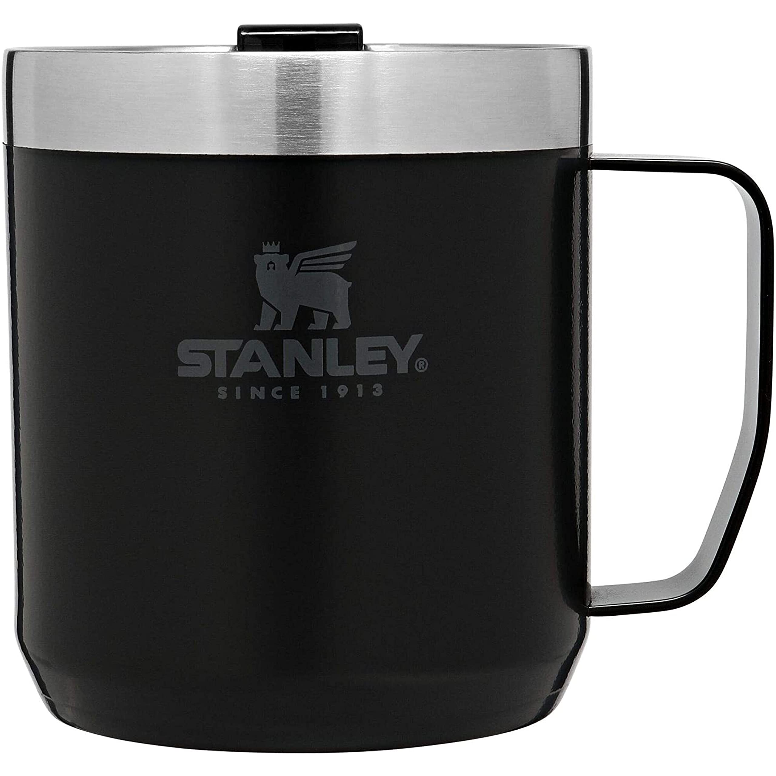 Stanley Stay Hot Camp Mug - Durable 18/8 Stainless Steel Insulated Mug - Splash-Free Tritan Drink-Thru Lid - 12 Oz - Matte Black