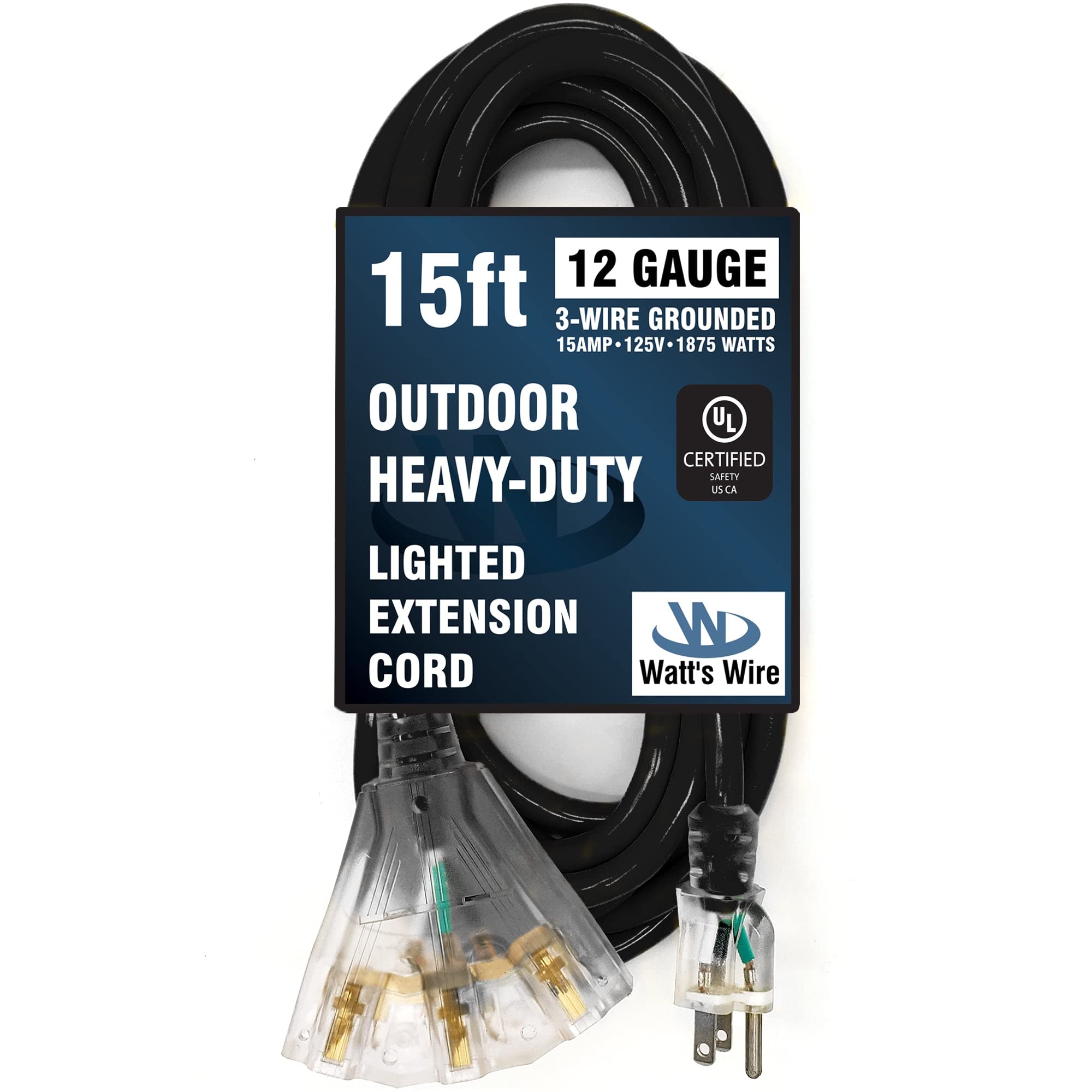 15 Ft - 12 Gauge Heavy Duty Outdoor Extension Cord - 3-Outlet Lighted Sjtw - Black Heavy Duty Extension Cord By Watts Wire - 15