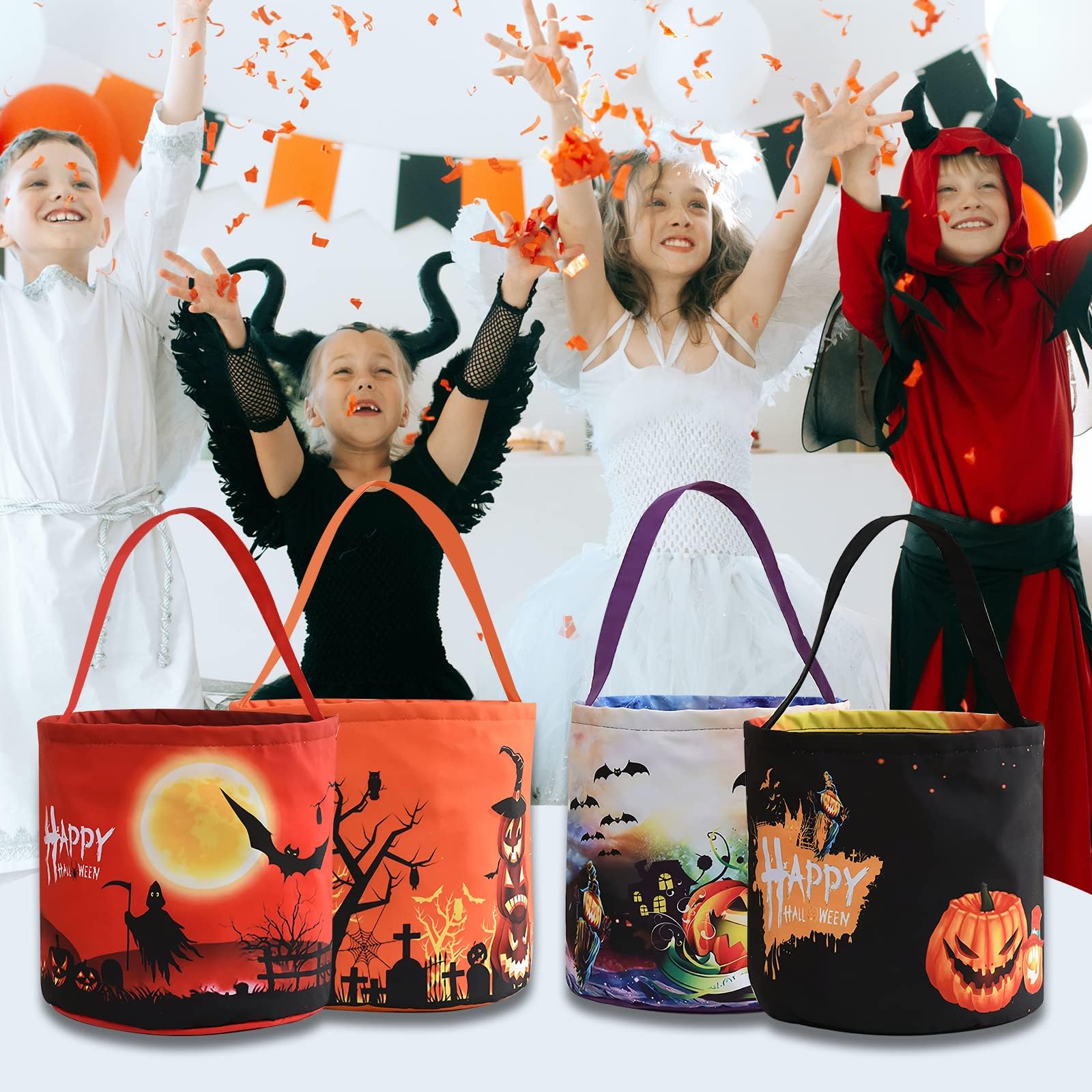 Hutuzldz Halloween Trick Or Treat Candy Bags Led Light Up Pumpkin Bucket, Collapsible Reusable Candy Basket, Fabric Tote Gift Go