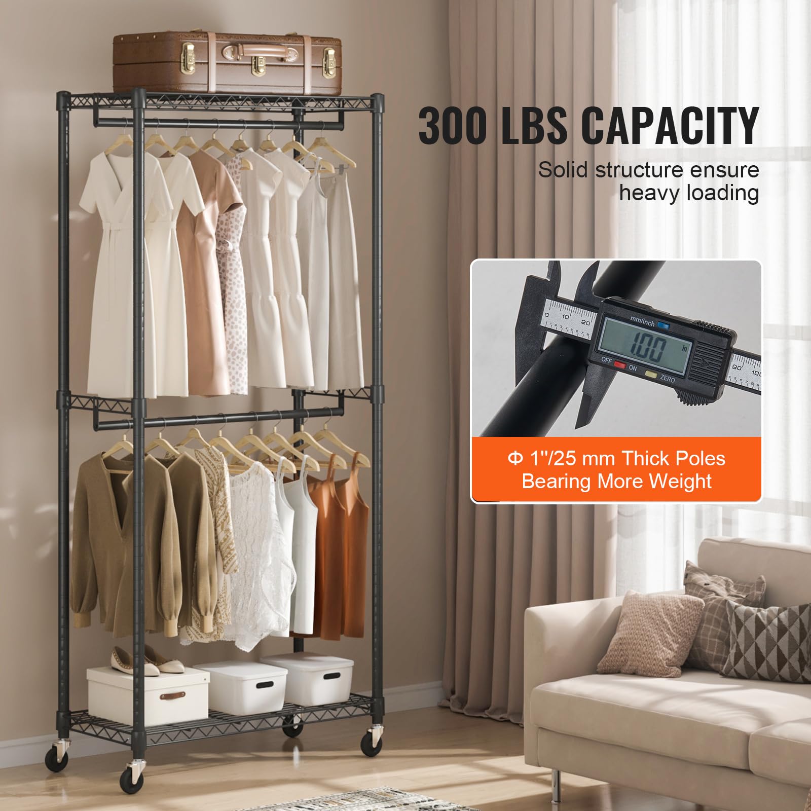 Vevor Heavy Duty Clothes Rack, Double Hanging Rods Clothing Garment Rack With Bottom And Top Storage Tier, Rolling Clothing Rack