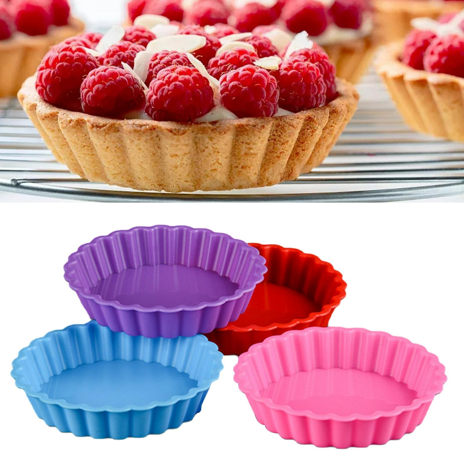 Kakalote 8pcs Silicone Mold Pie Pan, Non Stick Mini Quiche Molds Cupcake Muffin Baking Cups, Round Mini Tart Pan, Small Pie Baki