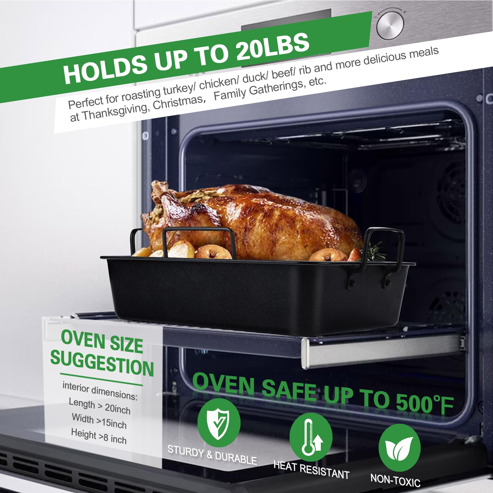 Joyfair 15.3 Nonstick Roasting Pan With Rack Set, Heavy Duty Large Roaster Pan For Turkey Chicken Rid Beef, Including Flat Rack/