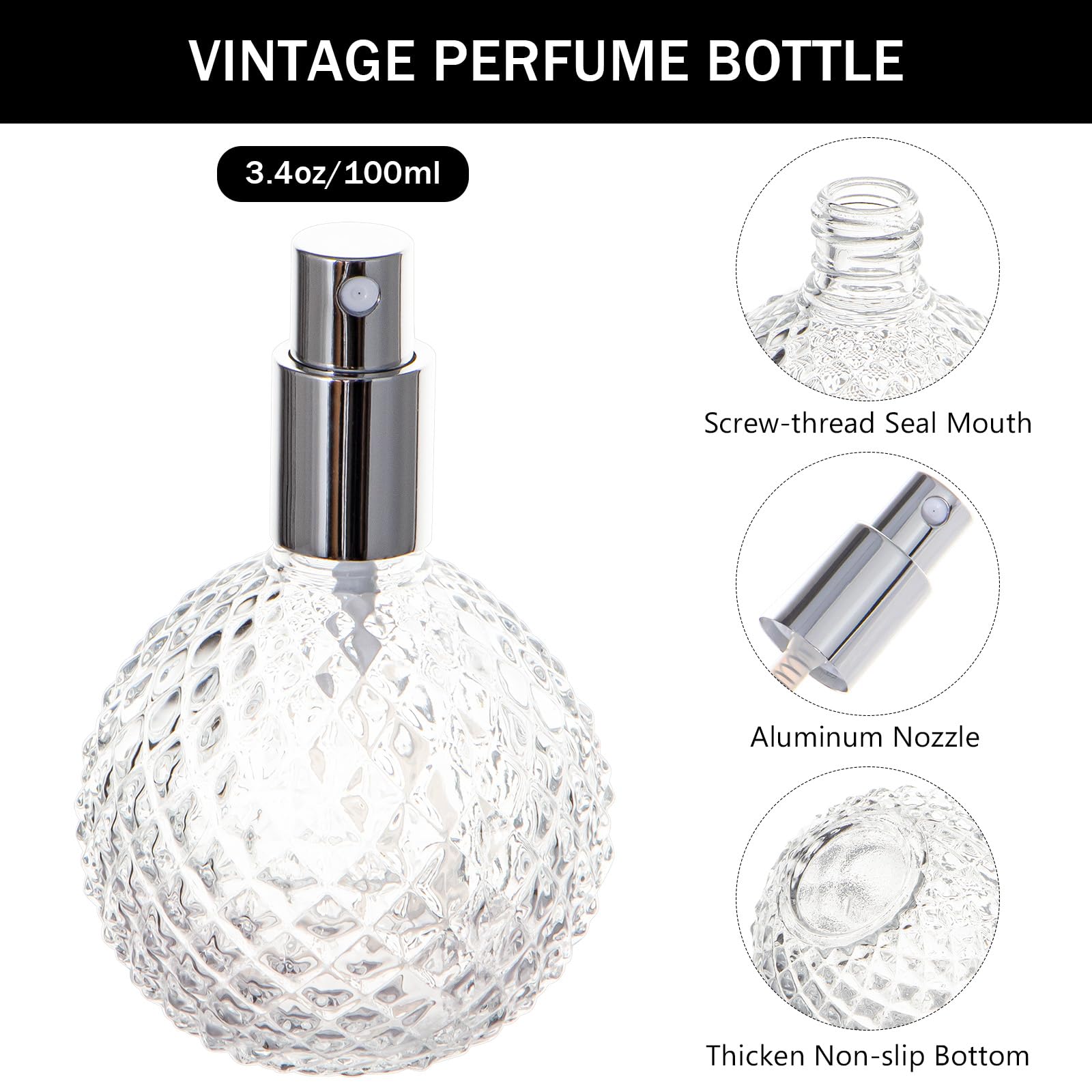 Yebeauty Glass Vintage Perfume Spray Bottle, 3.4Oz 100Ml Clear Vintage Perfume Bottles Empty Perfume Travel Refillable Bottles,