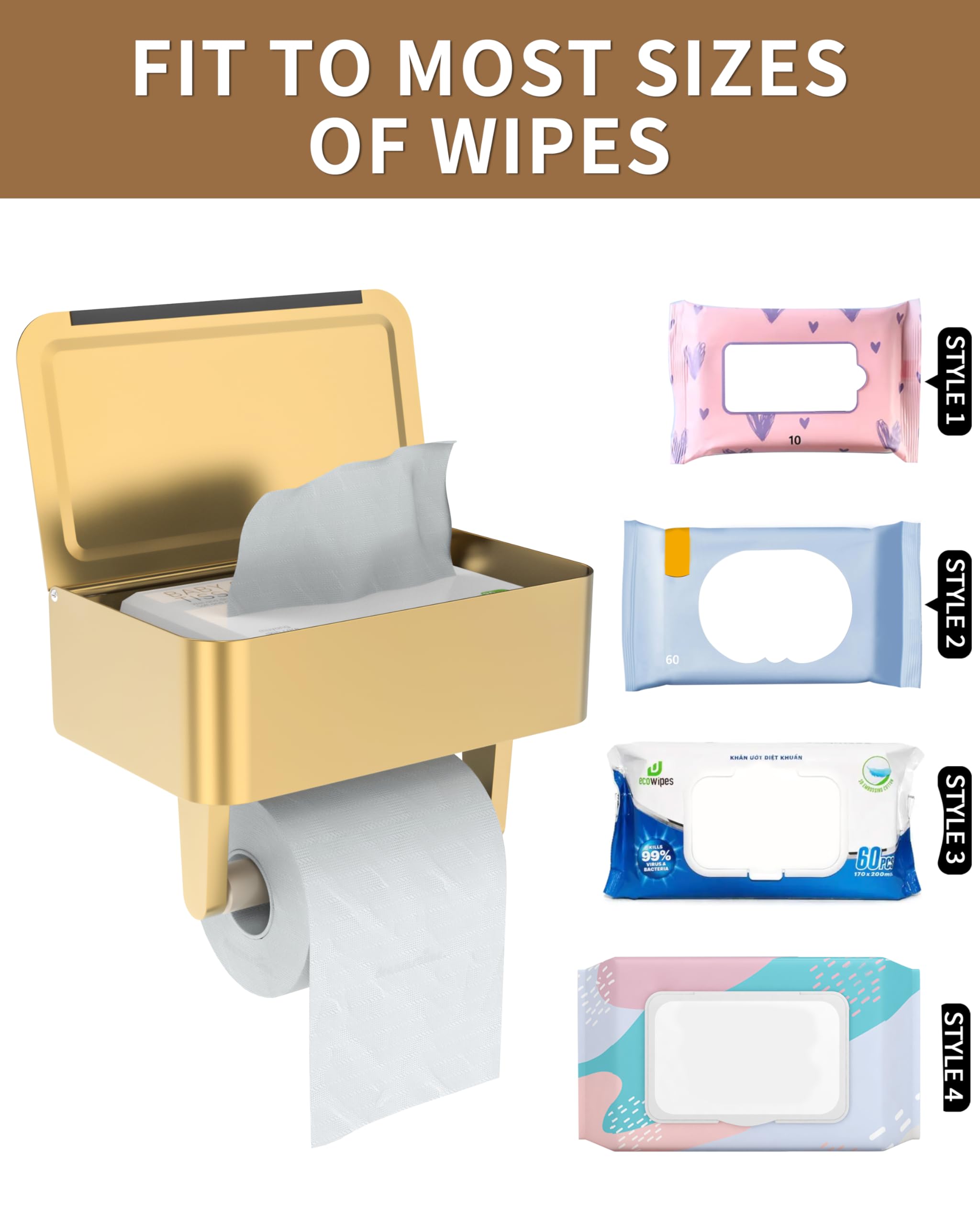 Wzkaly Gold Toilet Paper Holder With Shelf, Wipes Holder For Bathroom, Flushable Wipes Dispenser, Toilet Paper Roll Holder With