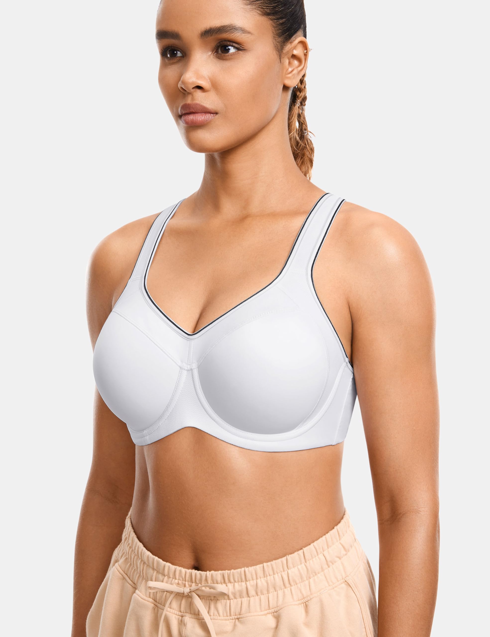 SYROKAN Women's High Impact Racerback Underwire Sports Bra, Lightly Lined, Size 36B, White, Mesh Material