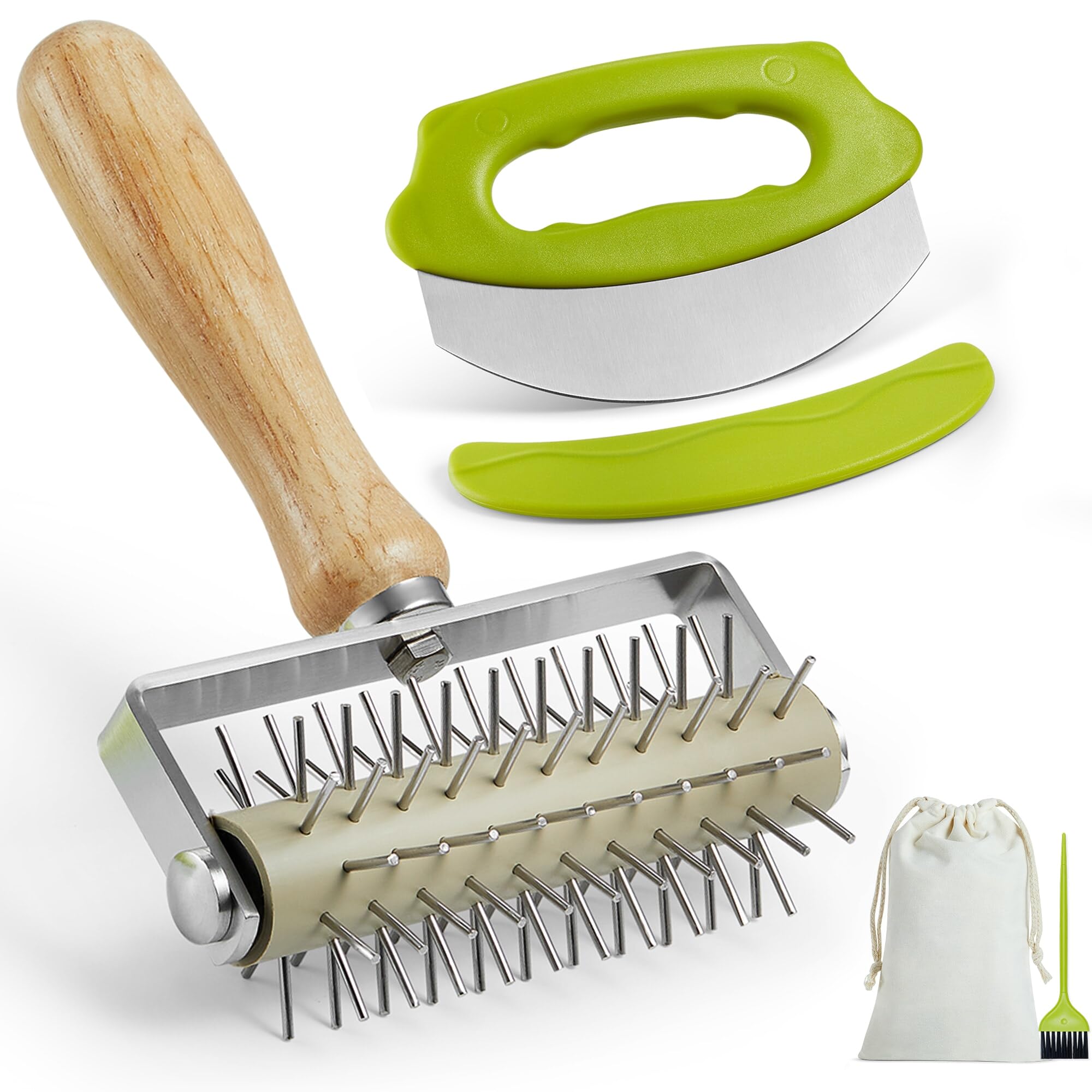 MUMSUNG Pizza Dough Docker Roller with Stainless Steel Spikes and Pizza Cutter with Protective Cover, Includes Cleaning Brush an
