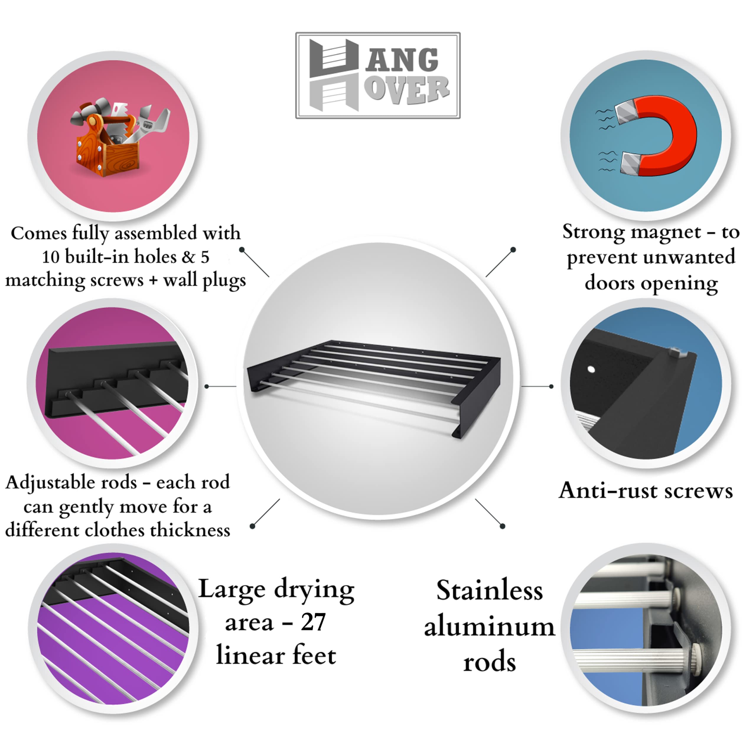 Tco Adventures Invisible 47'' Wall Mounted Drying Rack Elegant Matte Wall-Mounted Hanger | Folding Stainless Steel Collapsible S