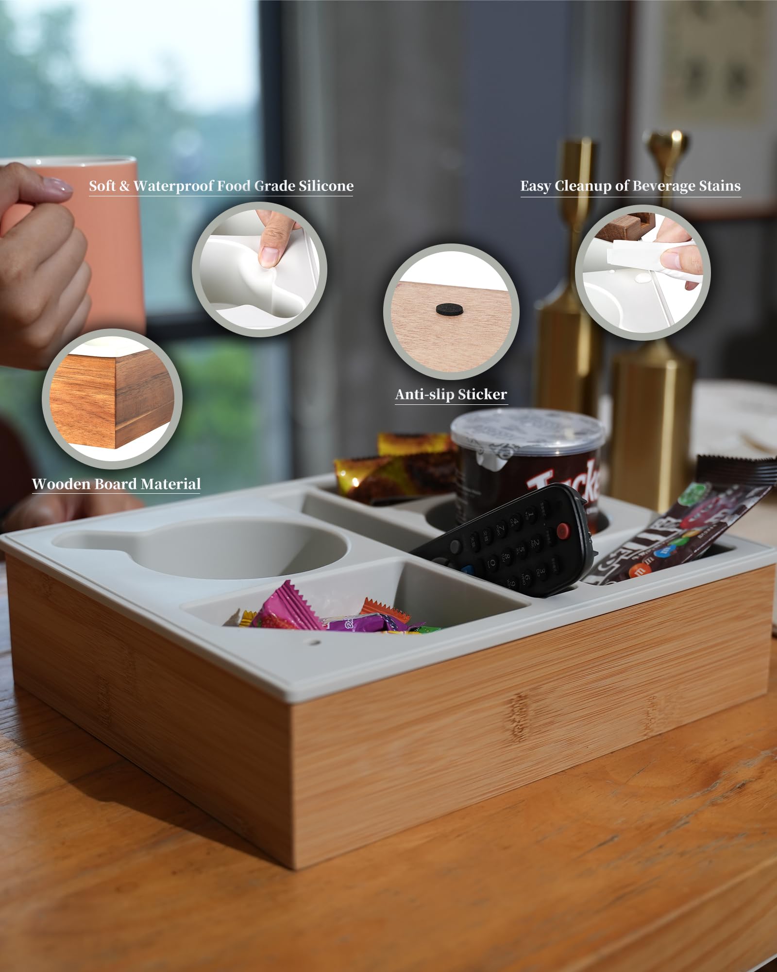 Couch Cup Holder Tray, Hitseon Silicone Bamboo Couch Caddy With Rotatable Phone Holder For Bed Car Seat Organizer, Waterproof An