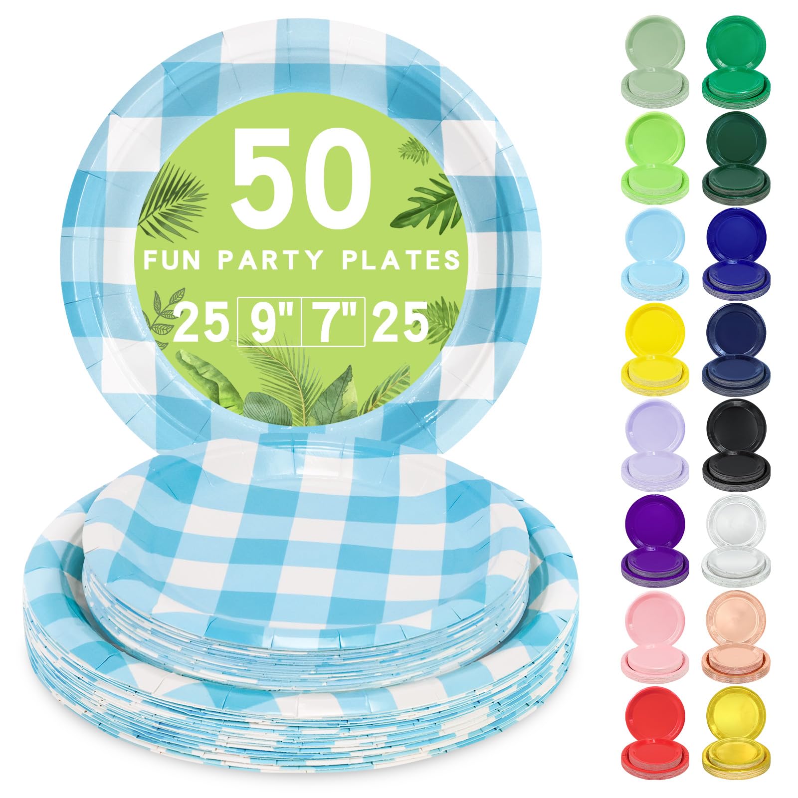 LANLISA 50 Blue Gingham Paper Plates Set Includes 25-9 & 25-7 Disposable Birthday Cake Dessert Blue and White Plates for Party S