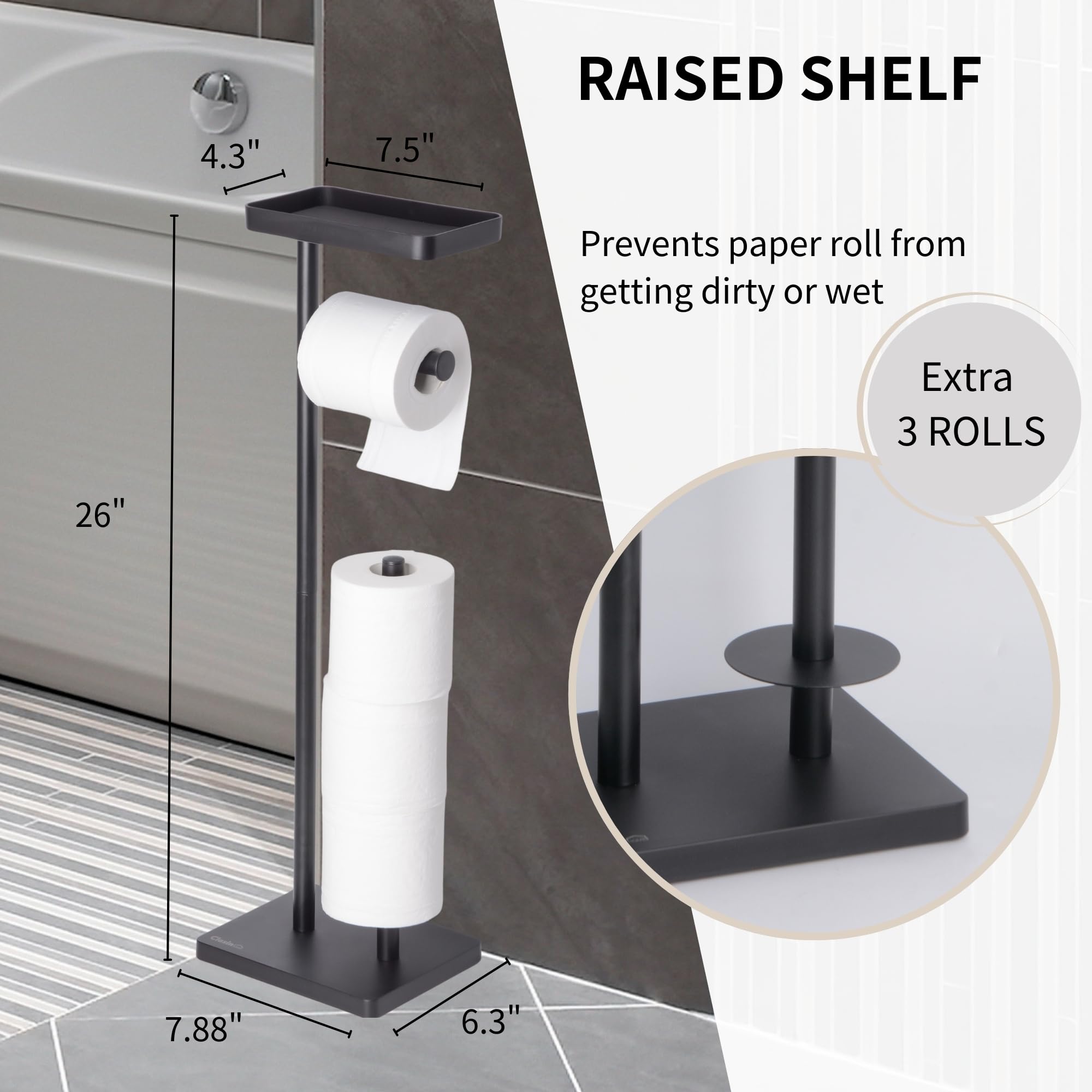 Clasin Home Toilet Paper Holder Stand, Free Standing Toilet Paper Holder With Storage And Metal Top Shelf, Black Toilet Paper St