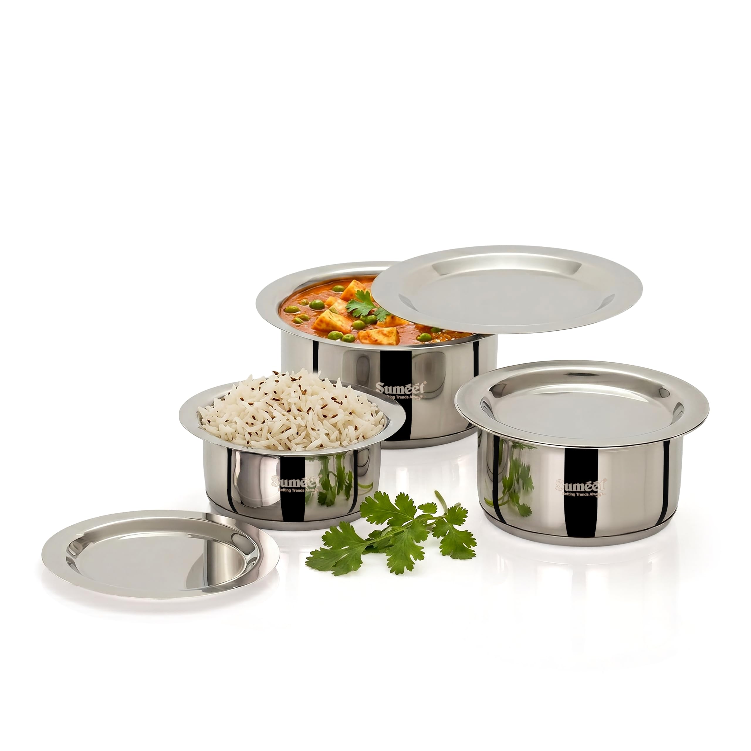 Sumeet ISI Certified Induction Bottom (Encapsulated Bottom) Induction & Gas Stove Friendly Small Container Set Tope Cookware Set of 3Pcs with Lid - 350ml  550ml  750ml  Silver