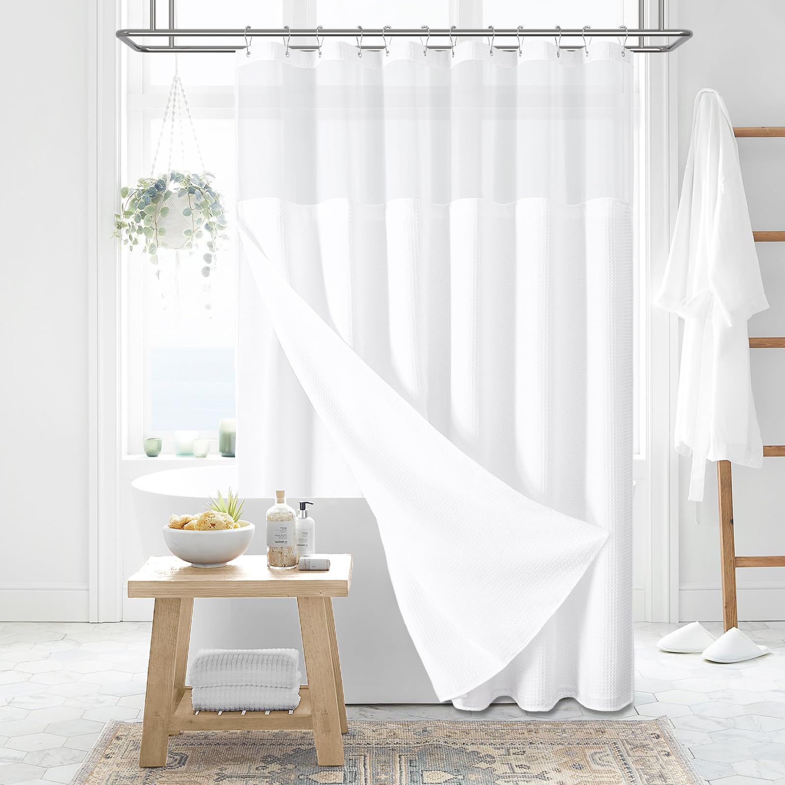 Dynamene 78 Inch Long Shower Curtain, Tall Waffle Fabric Shower Curtains For Bathroom, Hotel Waterproof Cloth Shower Curtain Lin