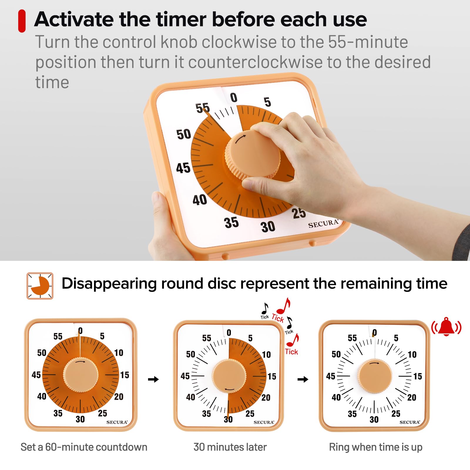 Secura 7.5 Inch Visual Timer, 60 Minute Oversize Countdown Visual Timer For Kids And Adults, Durable Mechanical Time Management