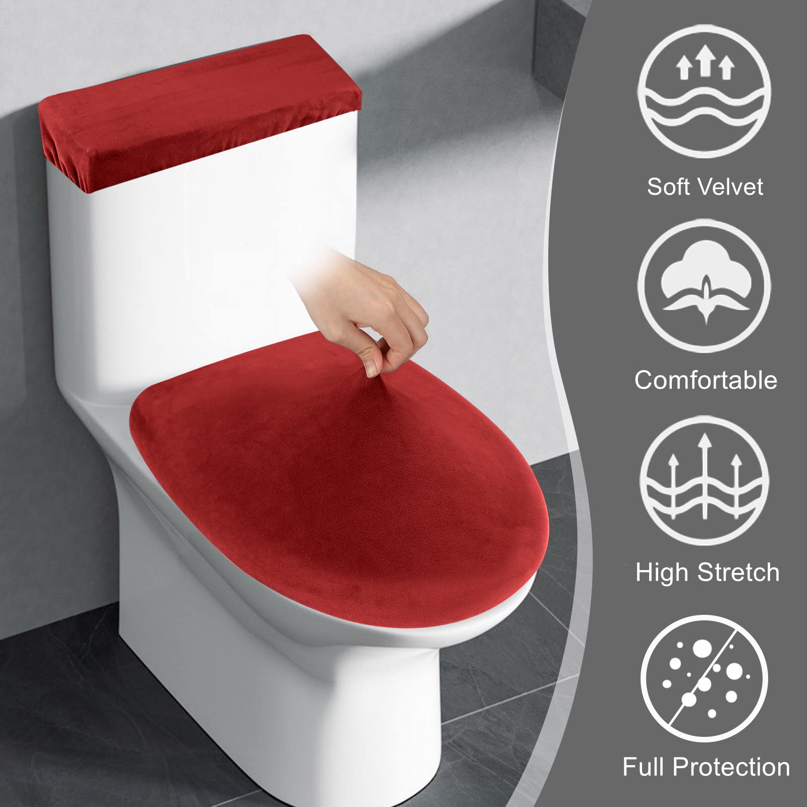 Stretch Velvet Toilet Lid Cover And Toilet Tank Lid Cover, Bathroom Super Soft Velvet Toilet Seat Cover Set Luxury Velvet Plush,