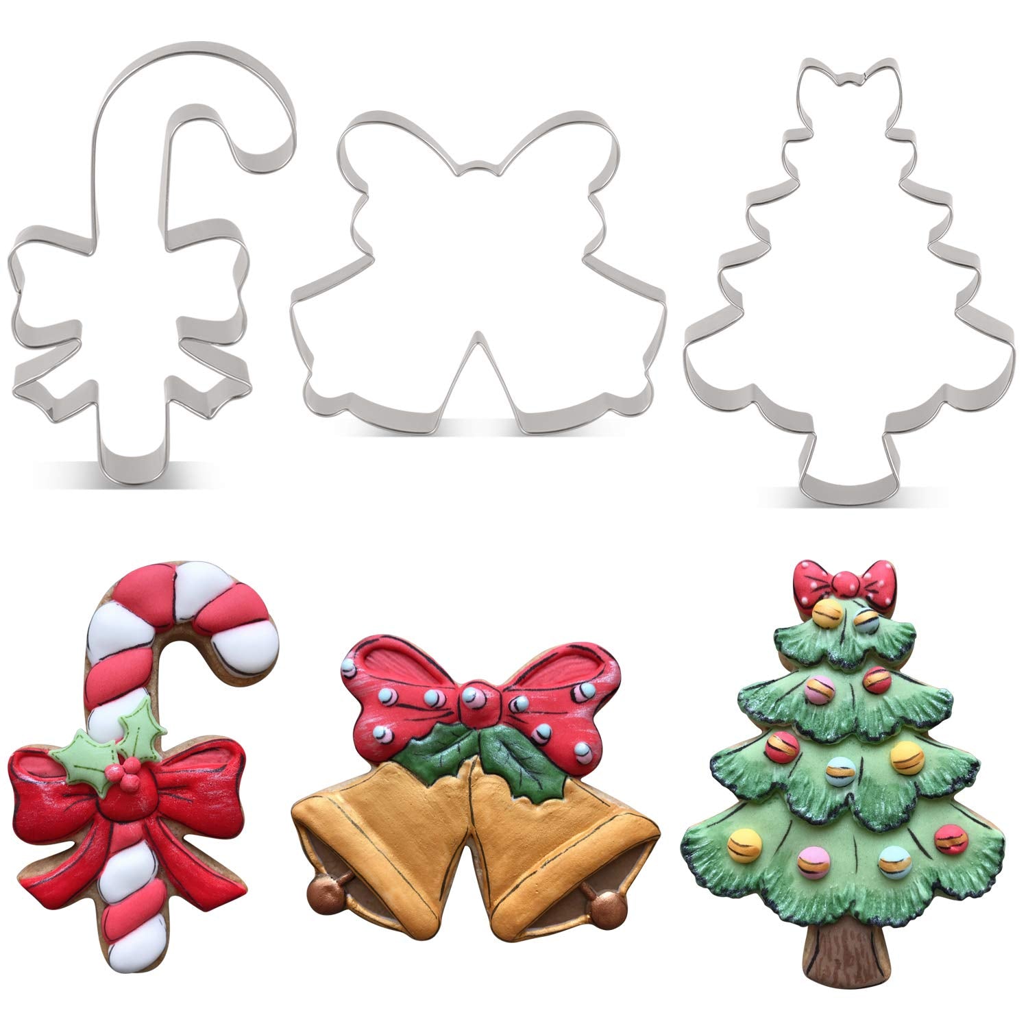 LILIAO Christmas Cute Cookie Cutter Set - 3 Piece - Candy Cane with Bow  Christmas Tree with Bow and Double Bell with Bow/Ribbon Fondant Biscuit Cutters - Stainless Steel