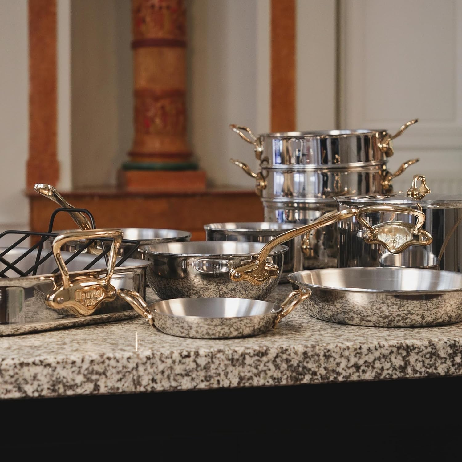 Mauviel M'Cook B Stainless Steel Round Pan With Brass Handles, 11-In, Made In France