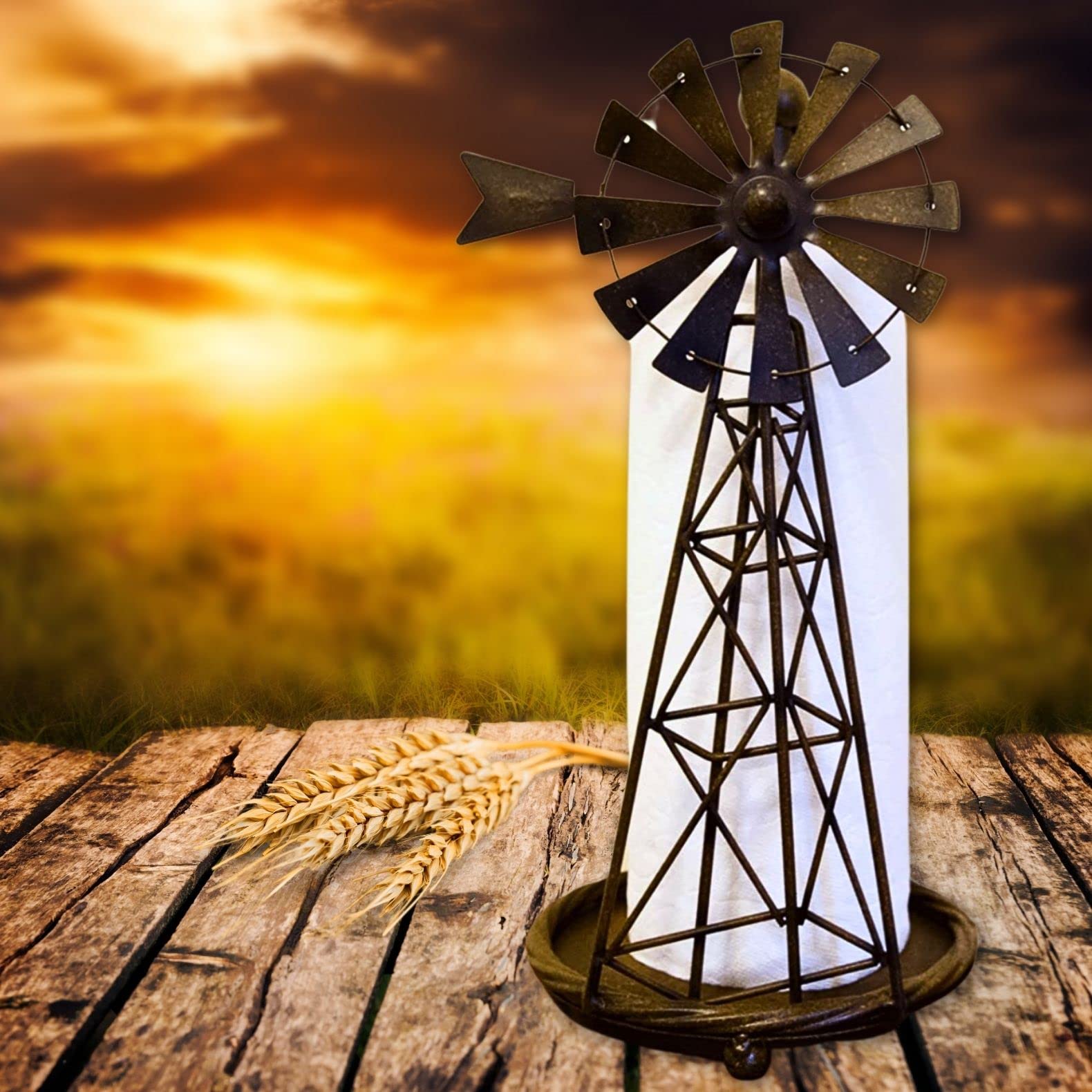 Windmill Metal Paper Towel Holder Rustic Country Farmhouse Style (No Assembly Needed, Ready To Use)