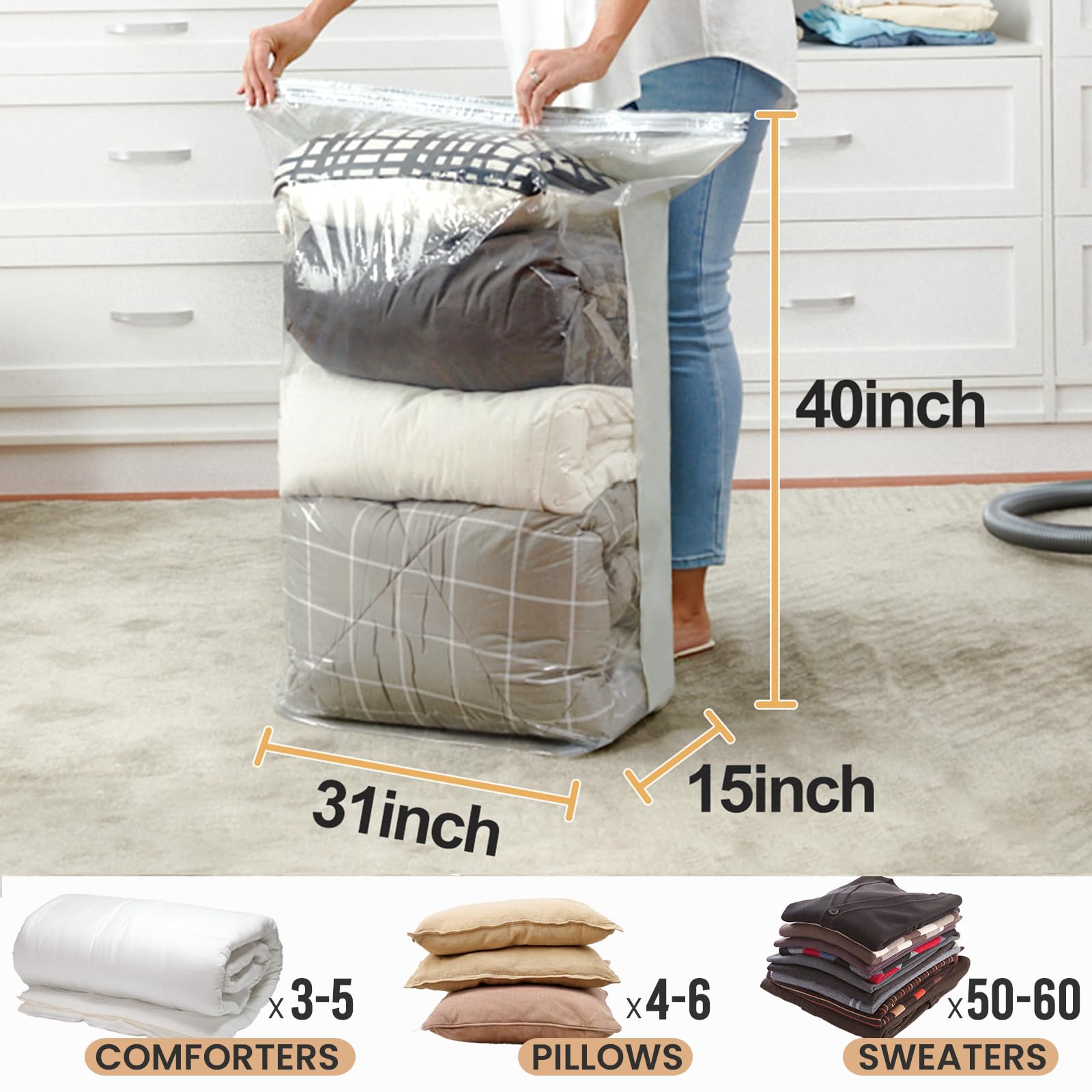 Taili 6 Pack Vacuum Storage Bags, Space Saver Bags, Jumbo Cube 31X40X15 Inch, Extra Large Vacuum Sealer Bags For Comforters, Bla