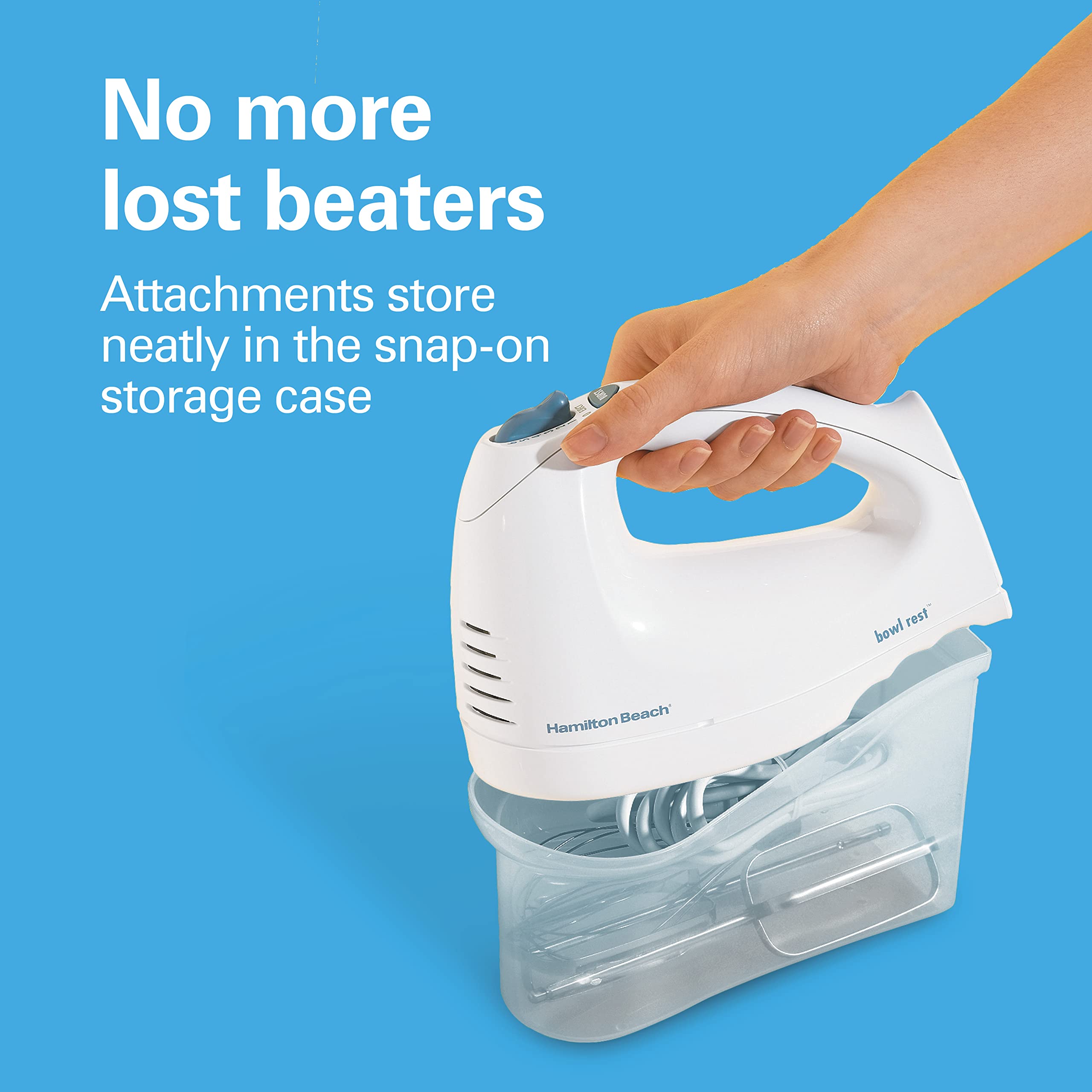 Hamilton Beach 6-Speed Electric Hand Mixer With Whisk, Traditional Beaters, Snap-On Storage Case, 250 Watts, White