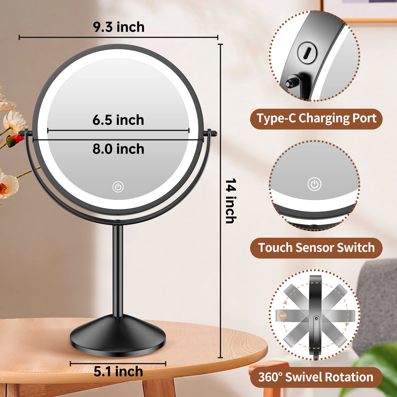 Benbilry 8'' Lighted Makeup Vanity Mirror With 3 Color Dimmable Lights, 1X/10X Magnifying Rechargeable Double Sided Cosmetic Mir
