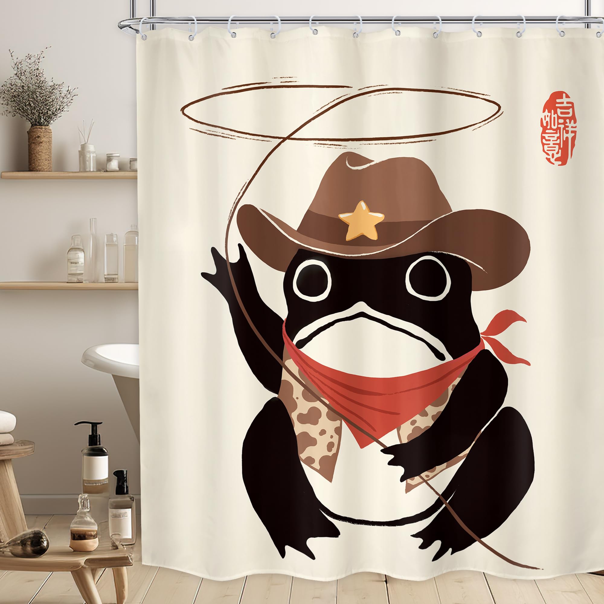 Lghtyro Funny Cowboy Frog Shower Curtain Bathroom Set 60Wx71H Inches Western Rodeo Animal Cute Hat Retro Asian Traditional Japan