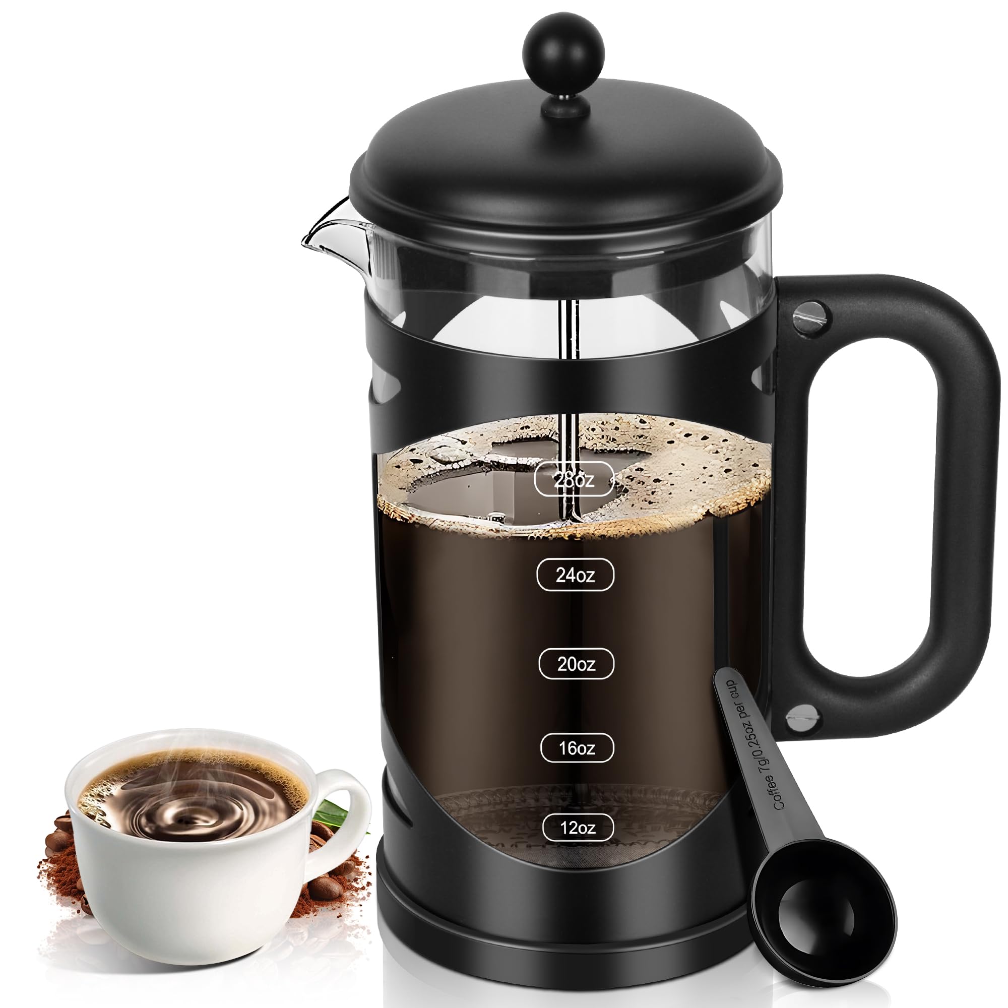 Ymmind 34 Ounce French Press Coffee Maker Black Stainless Steel Coffee Press, With 4-Level Filter System, Heat Resistant Thickne