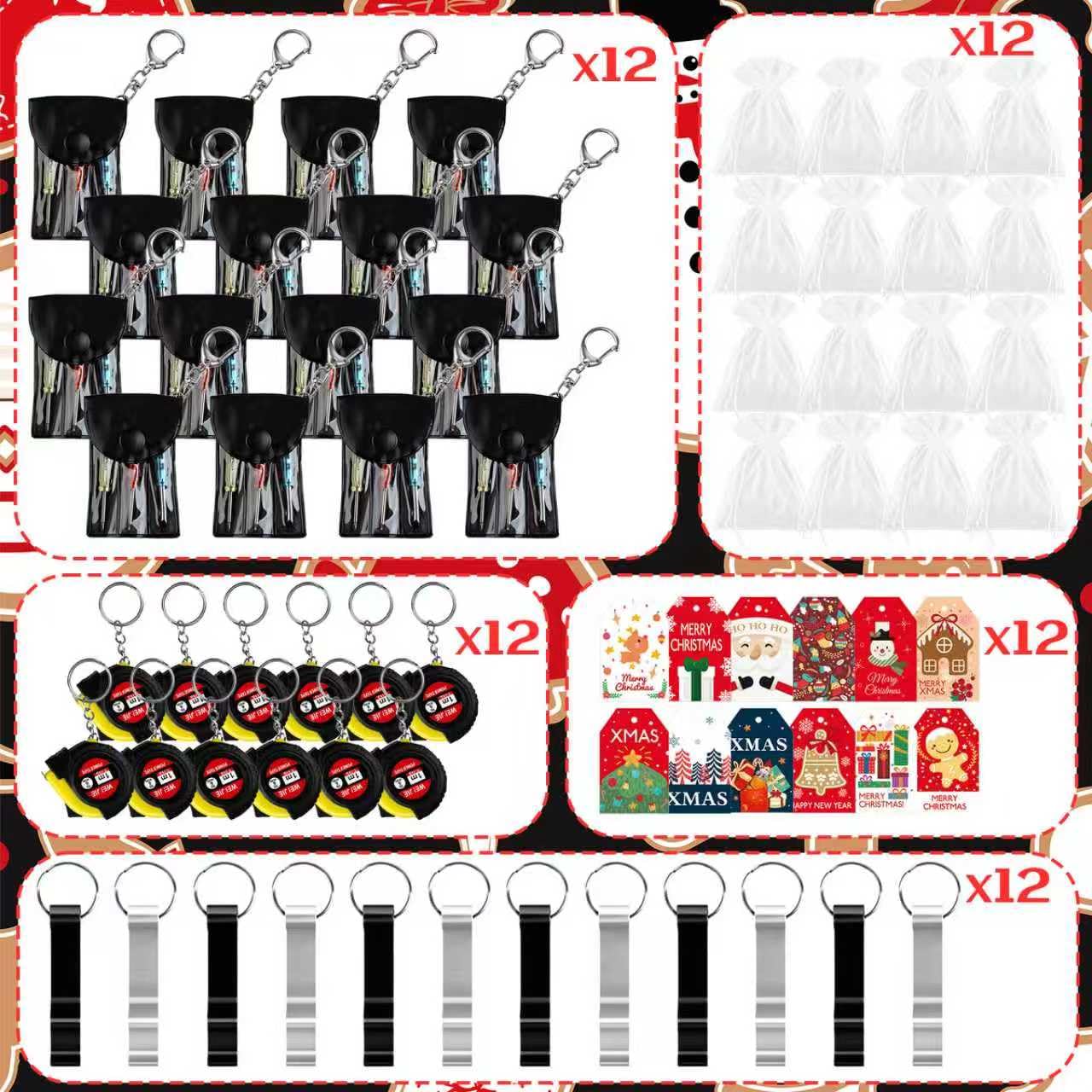 Denylo Pro 12 Sets Christmas Gifts with Tape Measure Bottle Opener Tool Kit Greeting Card Twine Bags for Christmas Party Favors