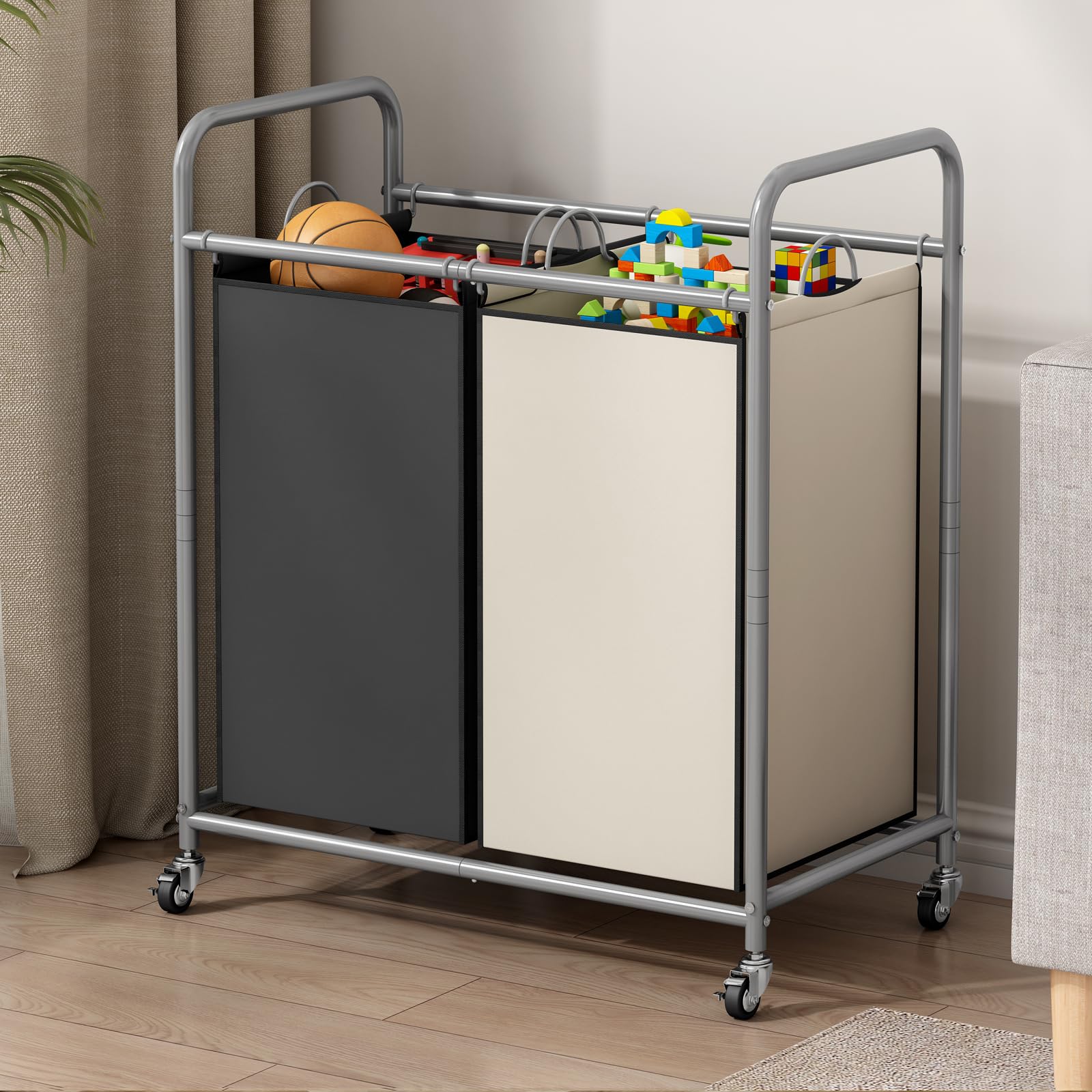 Suoernuo Laundry Sorter Basket 2 Bag Laundry Hamper Cart With Rolling Lockable Wheels And Removable Bags Laundry Organizer Cart