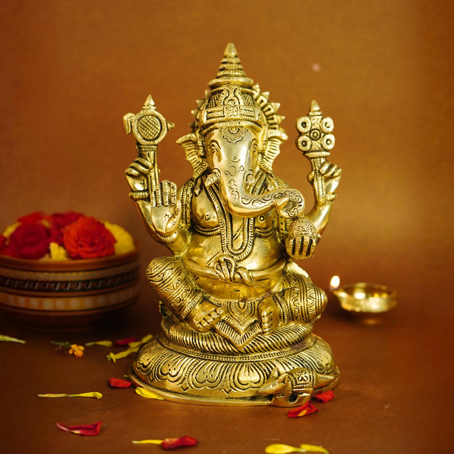 Ekhasa 100% Pure Brass Big Size Ganesha Idol (Heavy Weight: 2Kg) | Pital Ganesh Murti For Pooja Room, Home Decor, Office Temple 