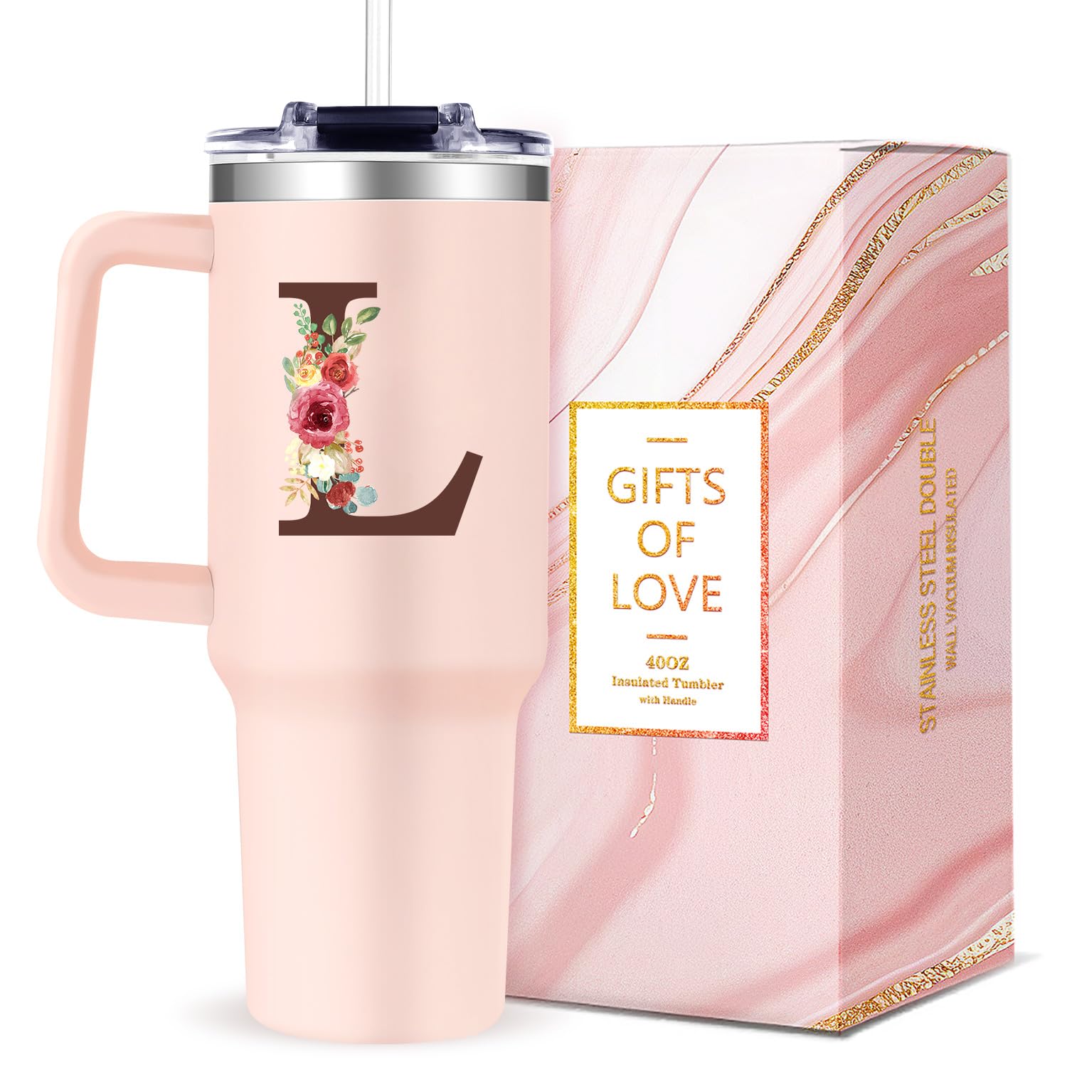 Gooddooes Monogrammed 40oz Tumbler with Handle for Women, Personalized Birthday Gifts for Women,Initial Cups for Woman Floral Le