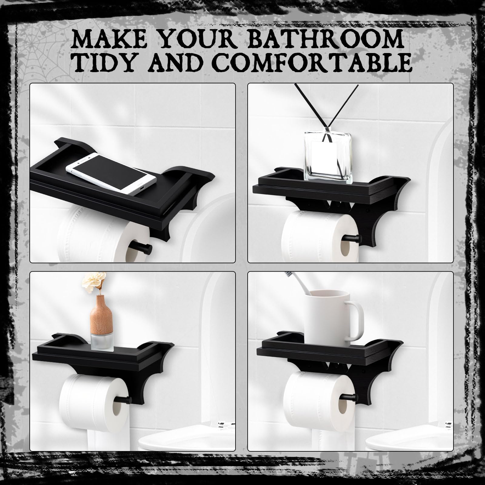 Chunful Bat Toilet Paper Holder With Shelf Gothic Wooden Black Paper Roll Holder Wall Mount Gothic Halloween Decor For Bathroom
