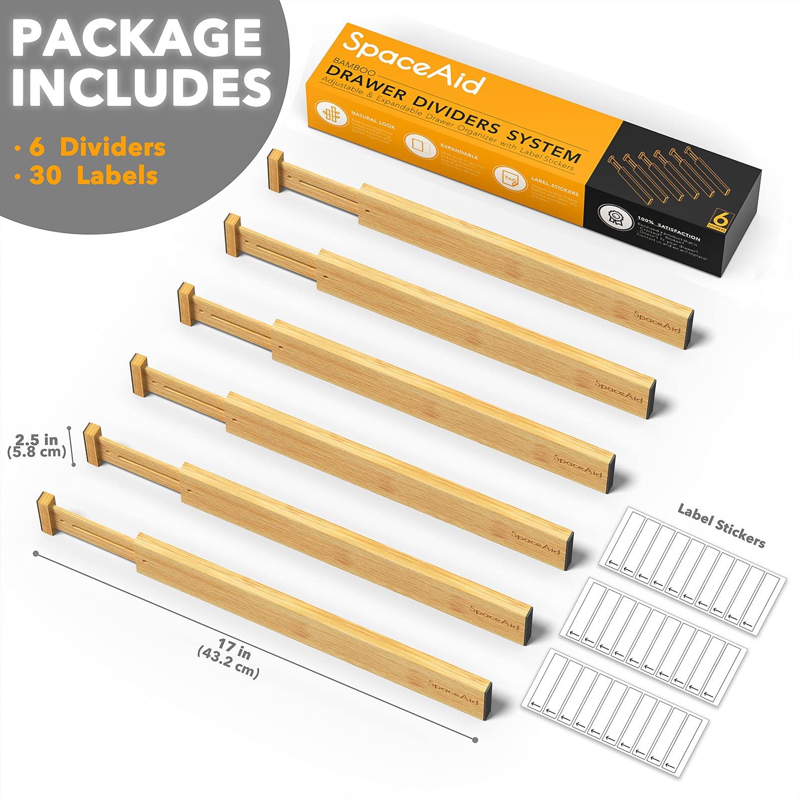 SpaceAid Bamboo Drawer Dividers with Labels, Kitchen Adjustable Drawer Organizers, Expandable Organization for Home, Office, Dre