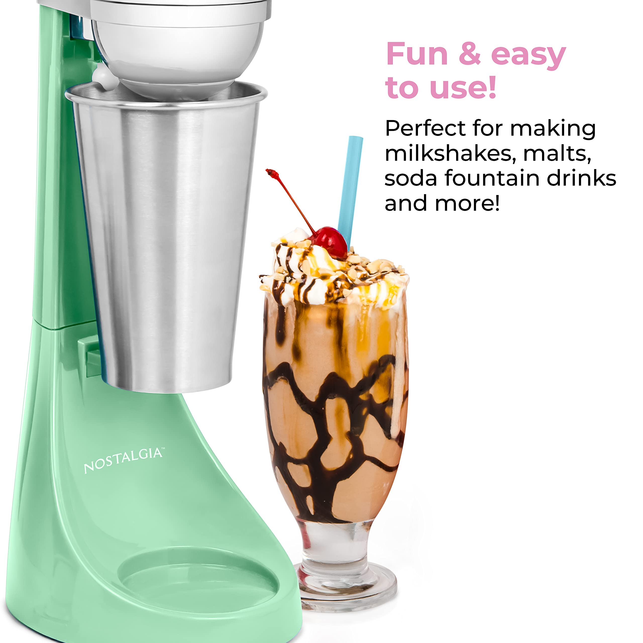 Nostalgia Two-Speed Electric Milkshake Maker And Drink Mixer, Includes 16-Ounce Stainless Steel Mixing Cup & Rod, Jade Green