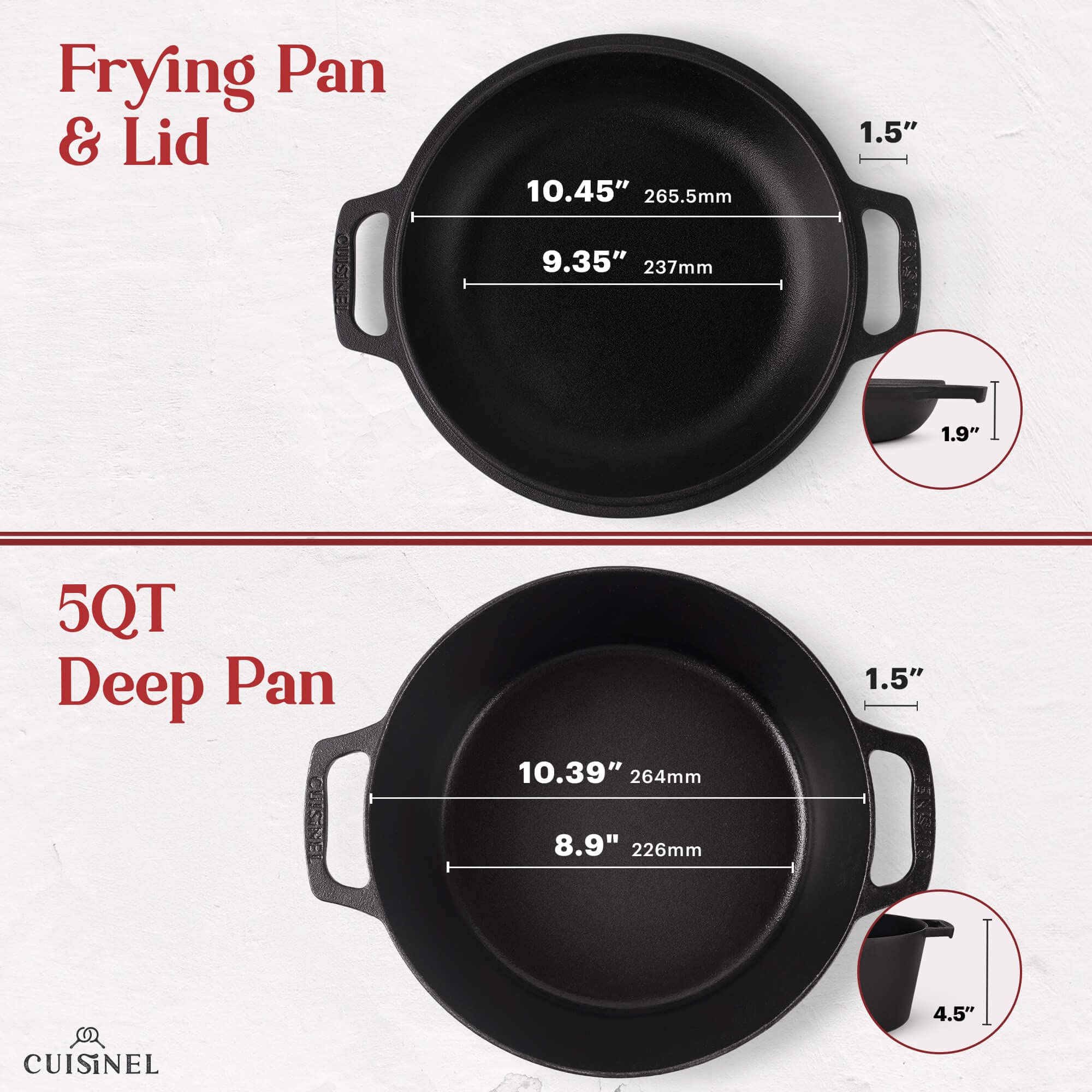 Cuisinel Cast Iron Dutch Oven - 5-Quart Deep Pot - Preseasoned 2-In-1 Multi-Cooker - Combo Lid Doubles As 10-Inch Skillet Fryi