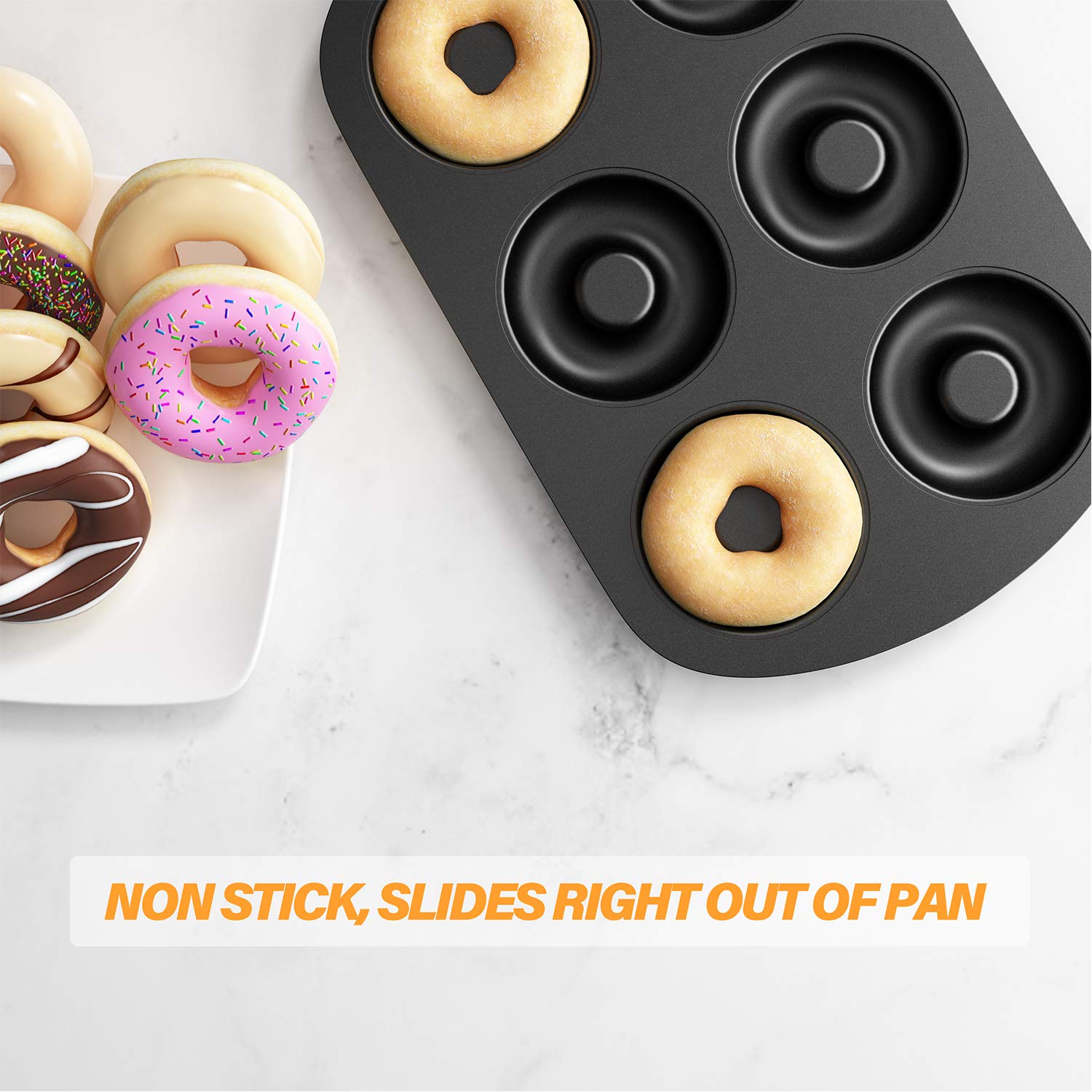 Tiawudi Non-Stick 6-Cavity Donut Baking Pans, Makes Individual Full-Sized 3 1/4'' Donuts, Set Of 3