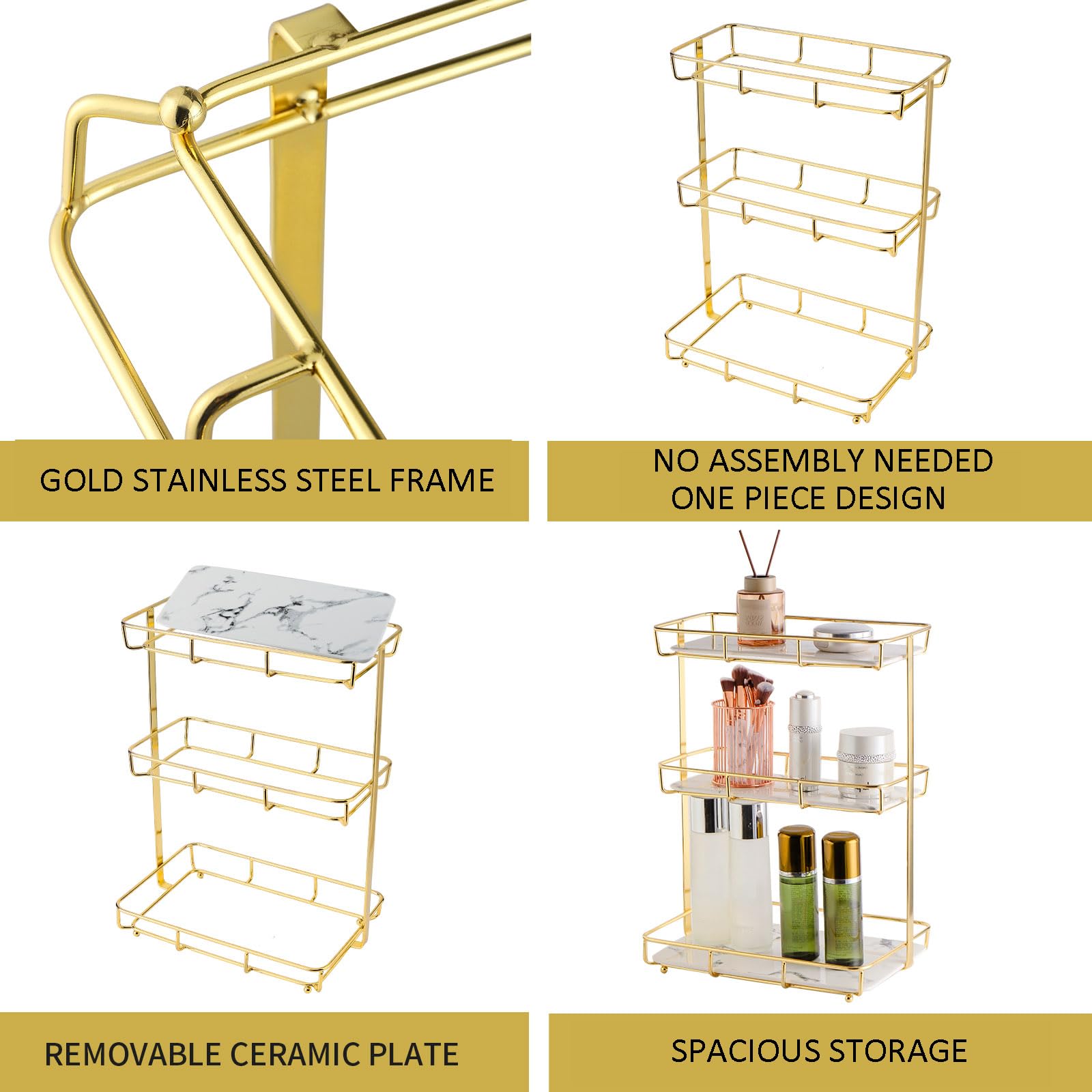 Dobbyby Bathroom Organizer Countertop Perfume Organizer Makeup Organizer Cosmetics Storage Display Rack 3 Tier Vanity Tray Dresser Stainless Steel Gold Shelf White Marble Print Ceramic Tray