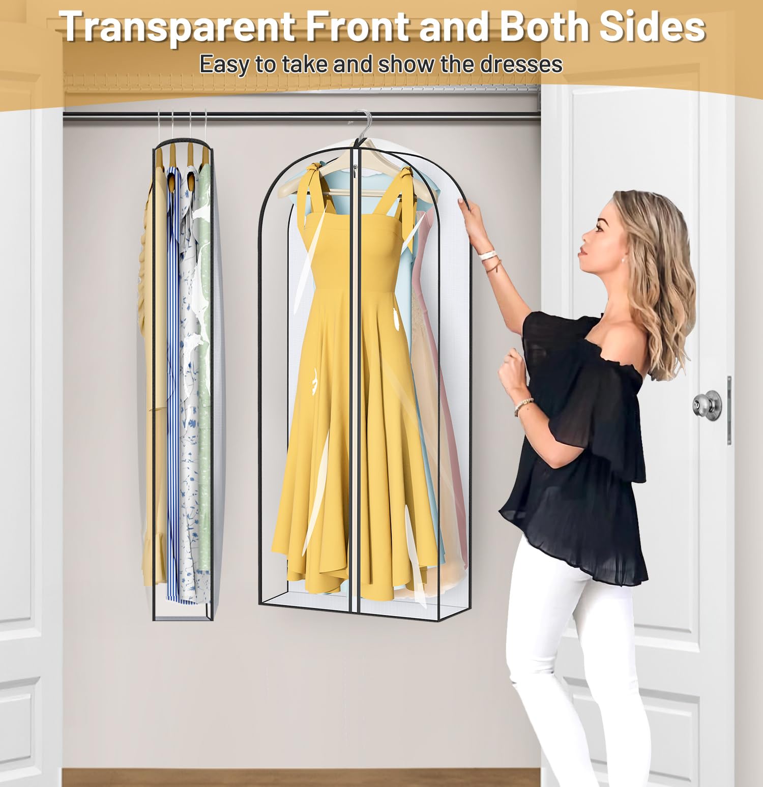 Misslo 50'' Clear Garment Bags For Hanging Clothes 4'' Gusseted Long Dress Bags For Closet Storage Breathable Dress Cover For Su