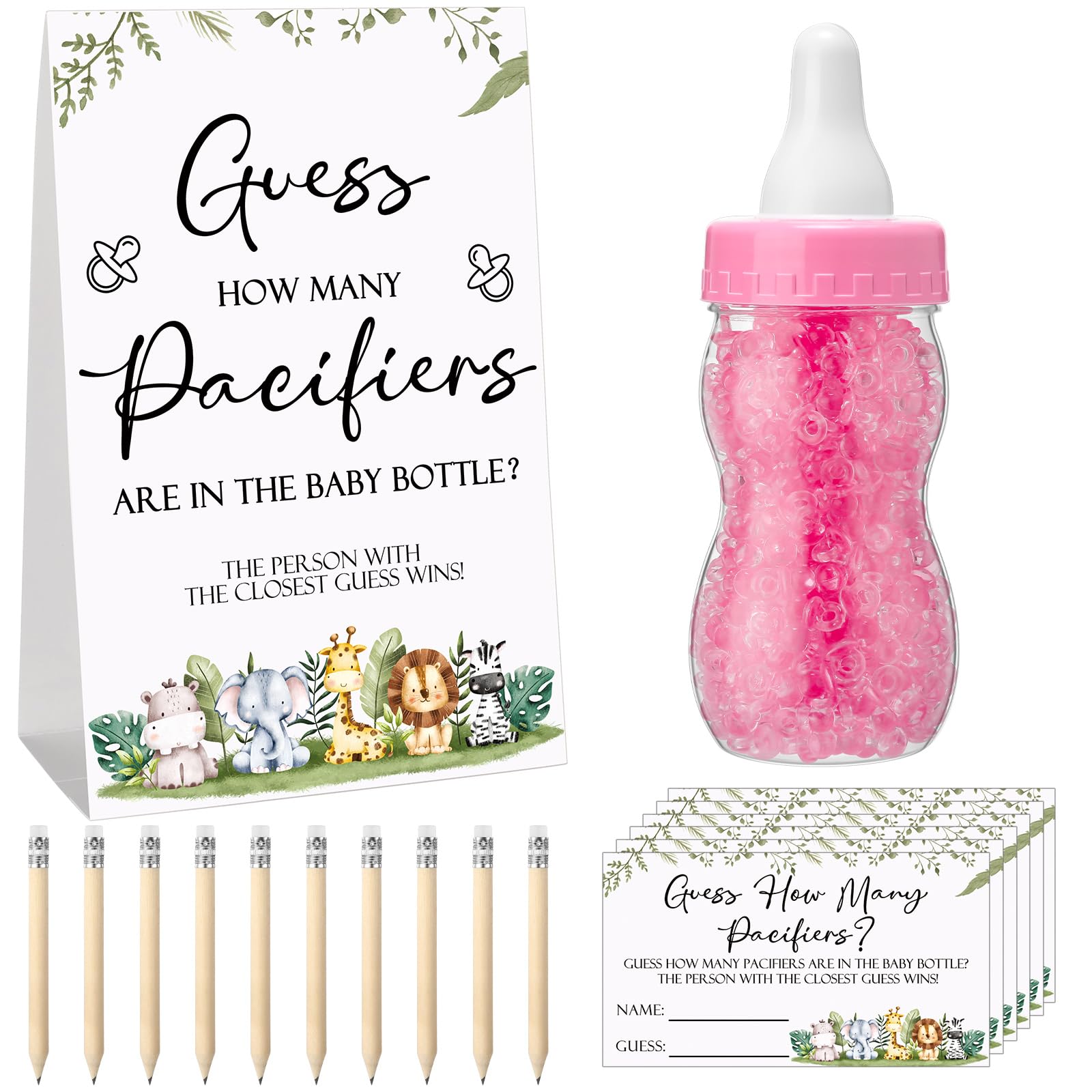 Roowest 512 Pcs Baby Shower Games Guess How Many Pacifiers Greenery Game Sign 100 Small Guessing Games 10 Hb Pencils 750Ml Milk