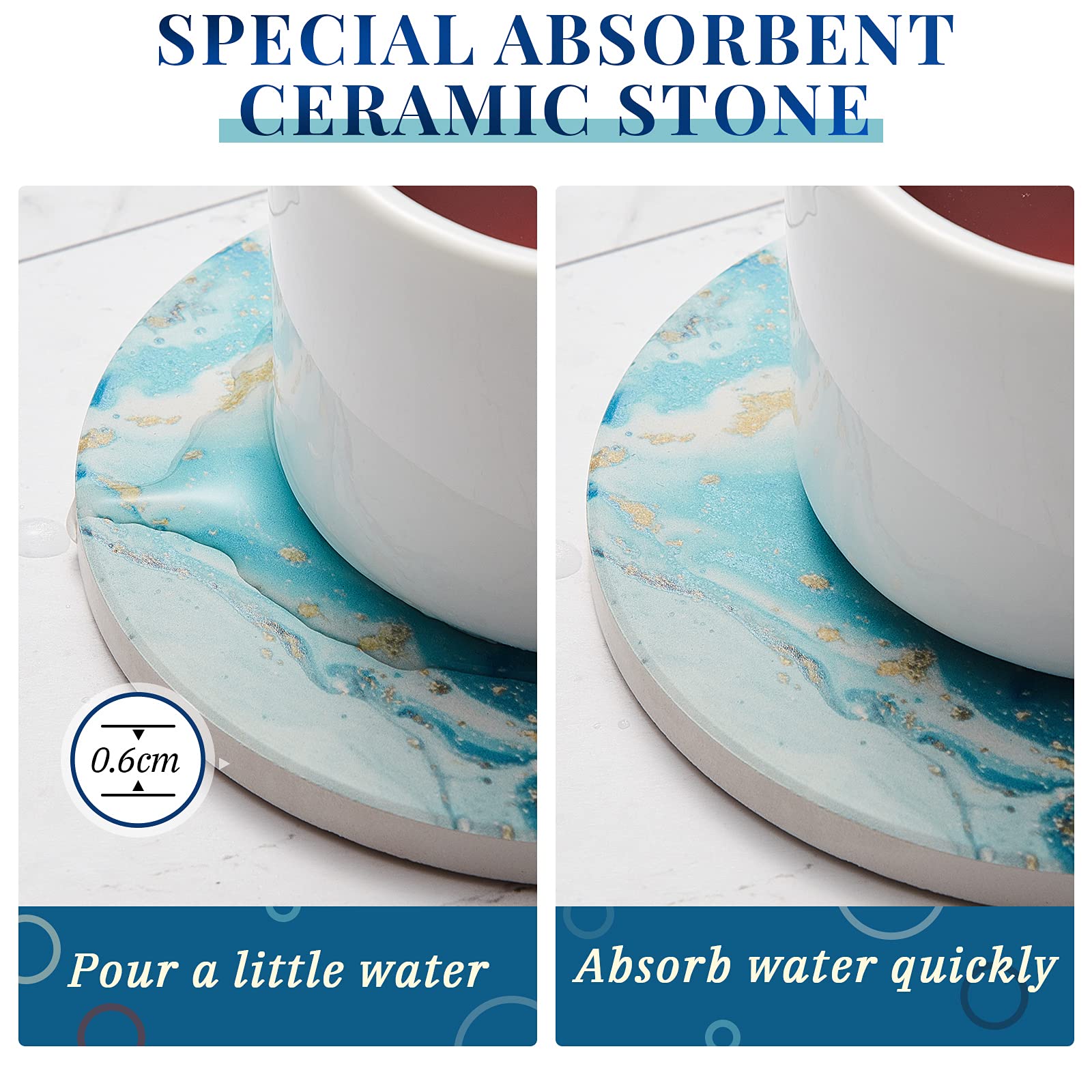 8 Pieces Coasters For Drinks With Holder, Marble Ocean Pattern Ceramic Absorbent Coasters With Cork Base Ocean Style Absorbent C