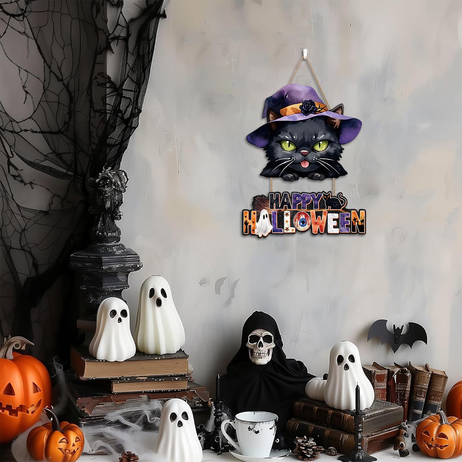 Ausril Happy Halloween Door Decoration,Black Cat Sign,Halloween Door Sign,Spooky Black Cat Wall Hanging,Witch Hat Wall Decor,Boo