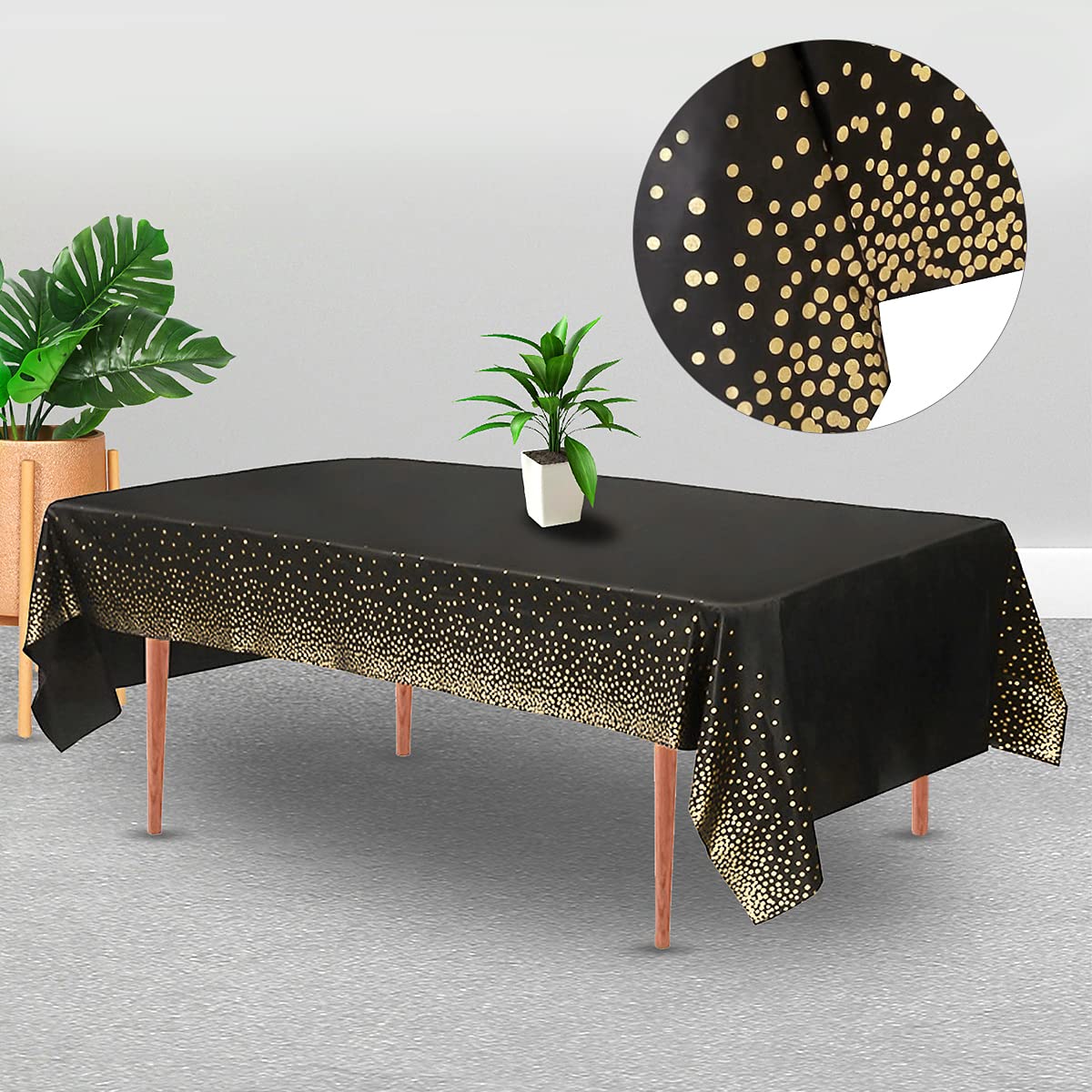 Jepeux 2 Packaging Black And Gold Plastic Tablecloth, 54 Inch X108 Inch Rectangular Disposable Dot Party Table Cover, Suitable F